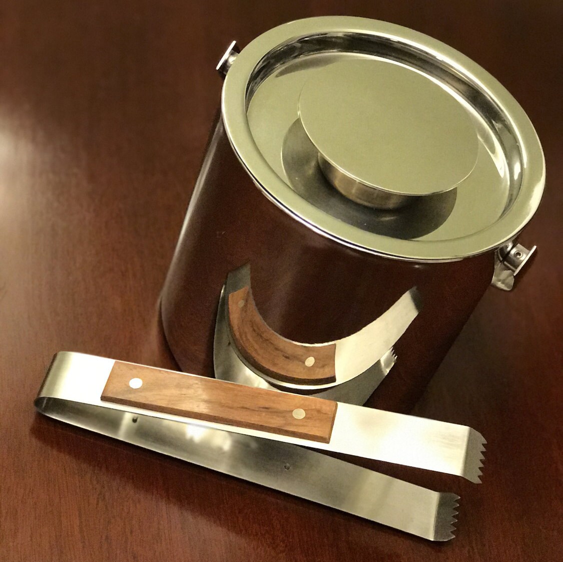 Danish Modern Ice Bucket, Chrome Ice Bucket with tongs, Modern ice