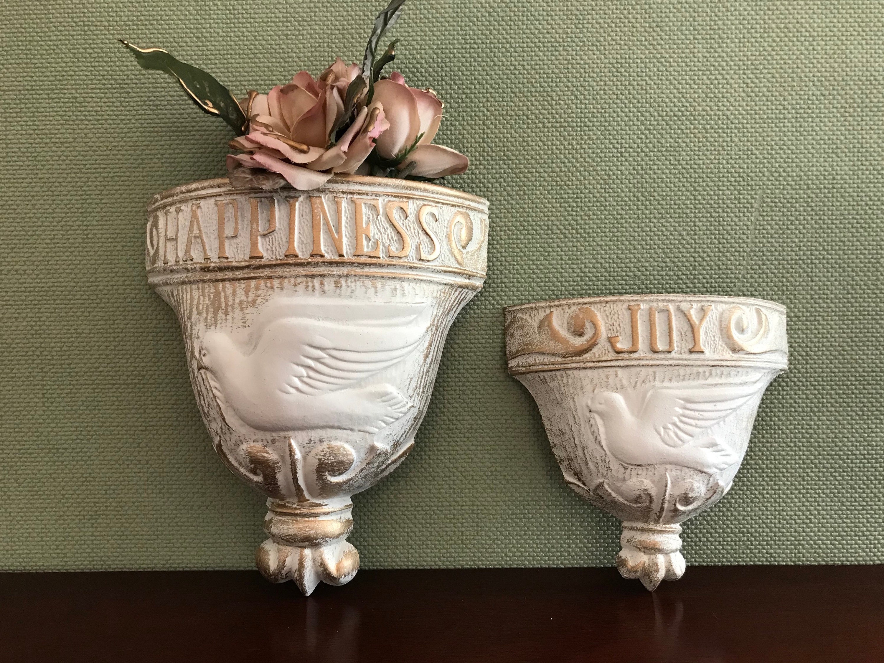 Vintage Shabby Chic Wall plaque, Cast Metal Happiness Joy Wall pockets