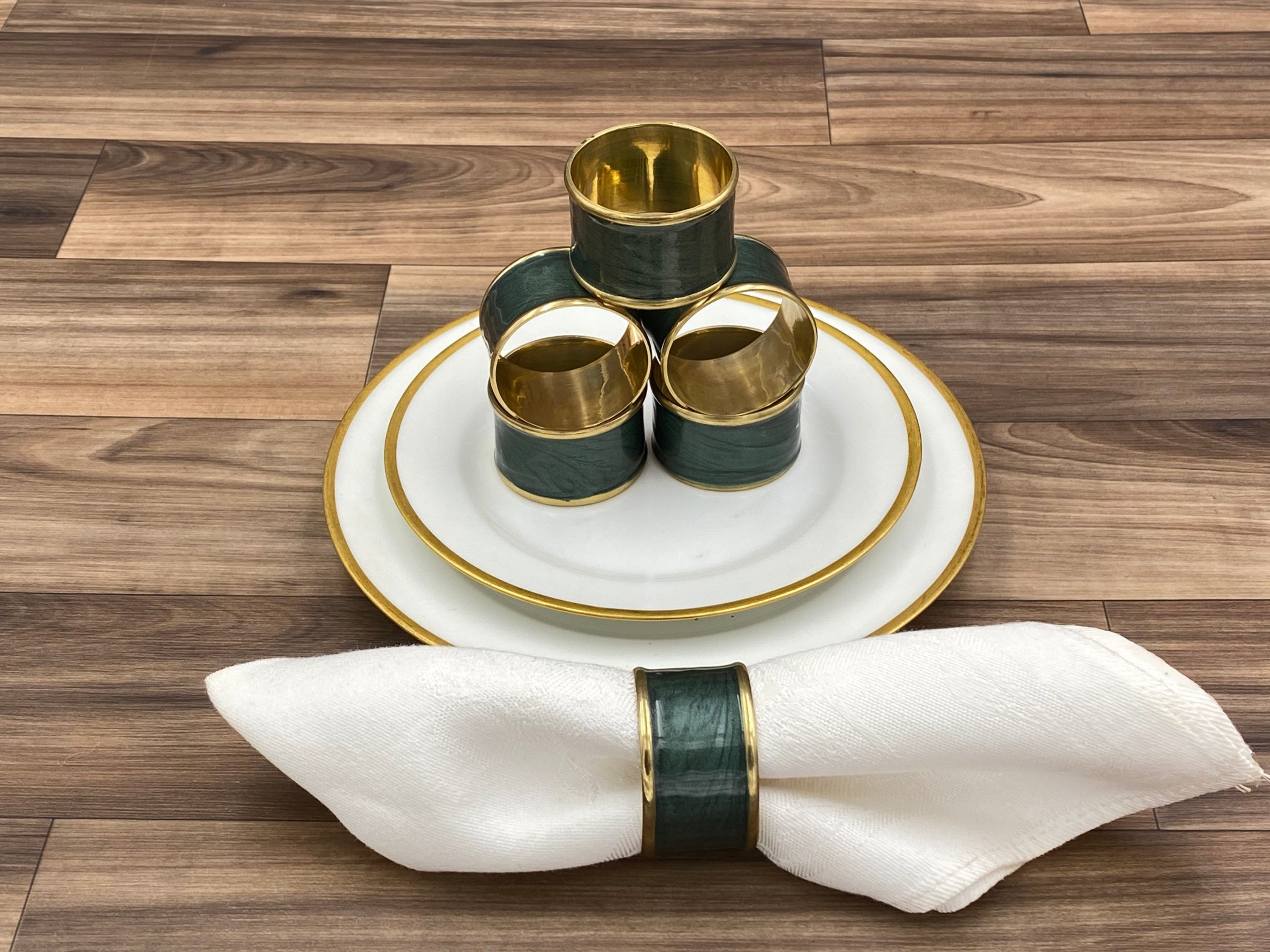 Vintage Green and Brass Napkin Rings, 6 piece set, Table decor