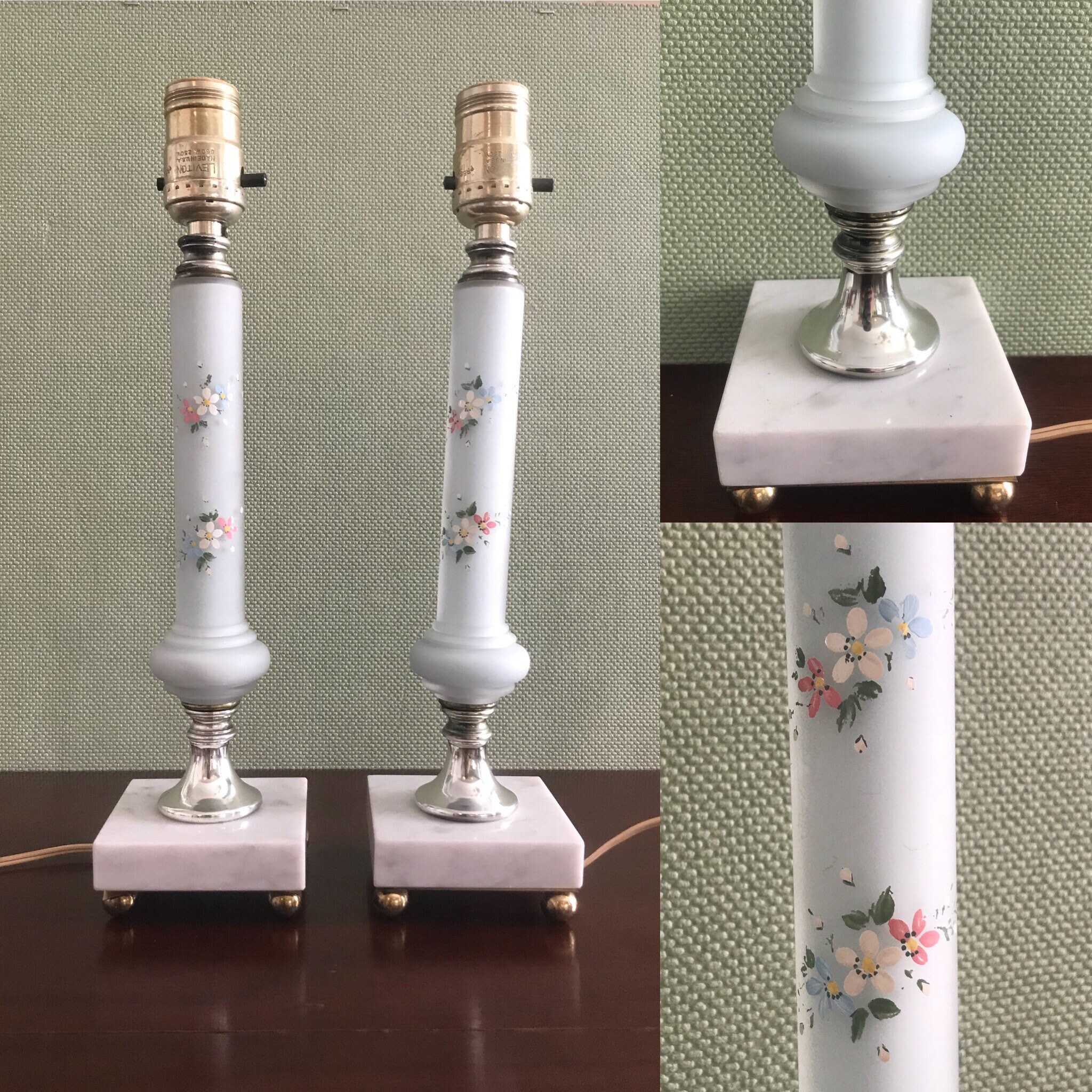 Vintage Satin Glass Lamps, Pair of hand painted floral lamps, bedside