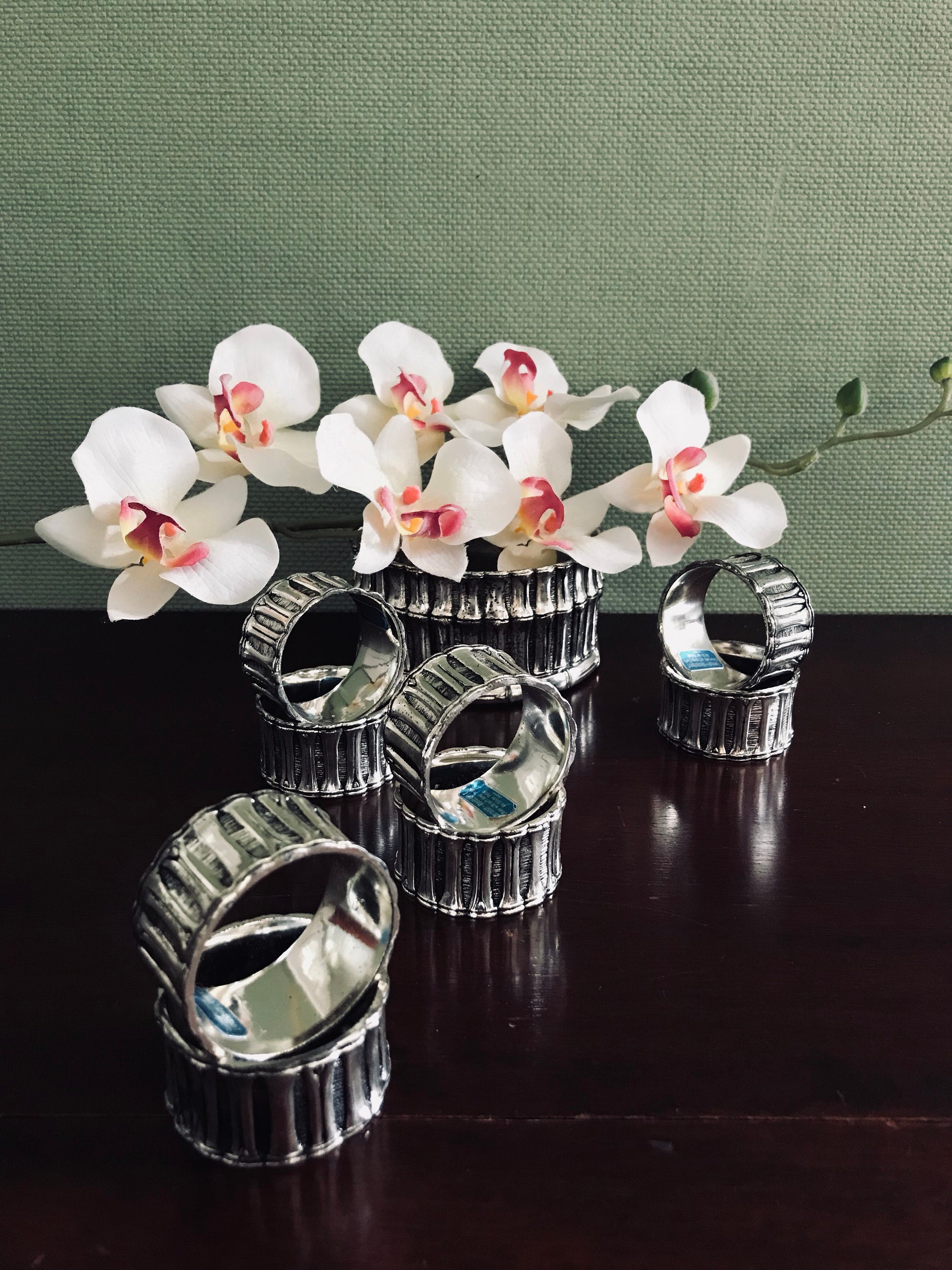Bamboo Napkin Rings and centerpiece, Silver plated napkin rings matching centerpiece, Asian