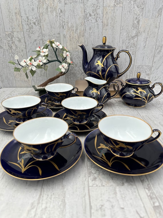 Vintage Koransha Cobalt blue Iris Tea Set, Rare Japanese Porcelain