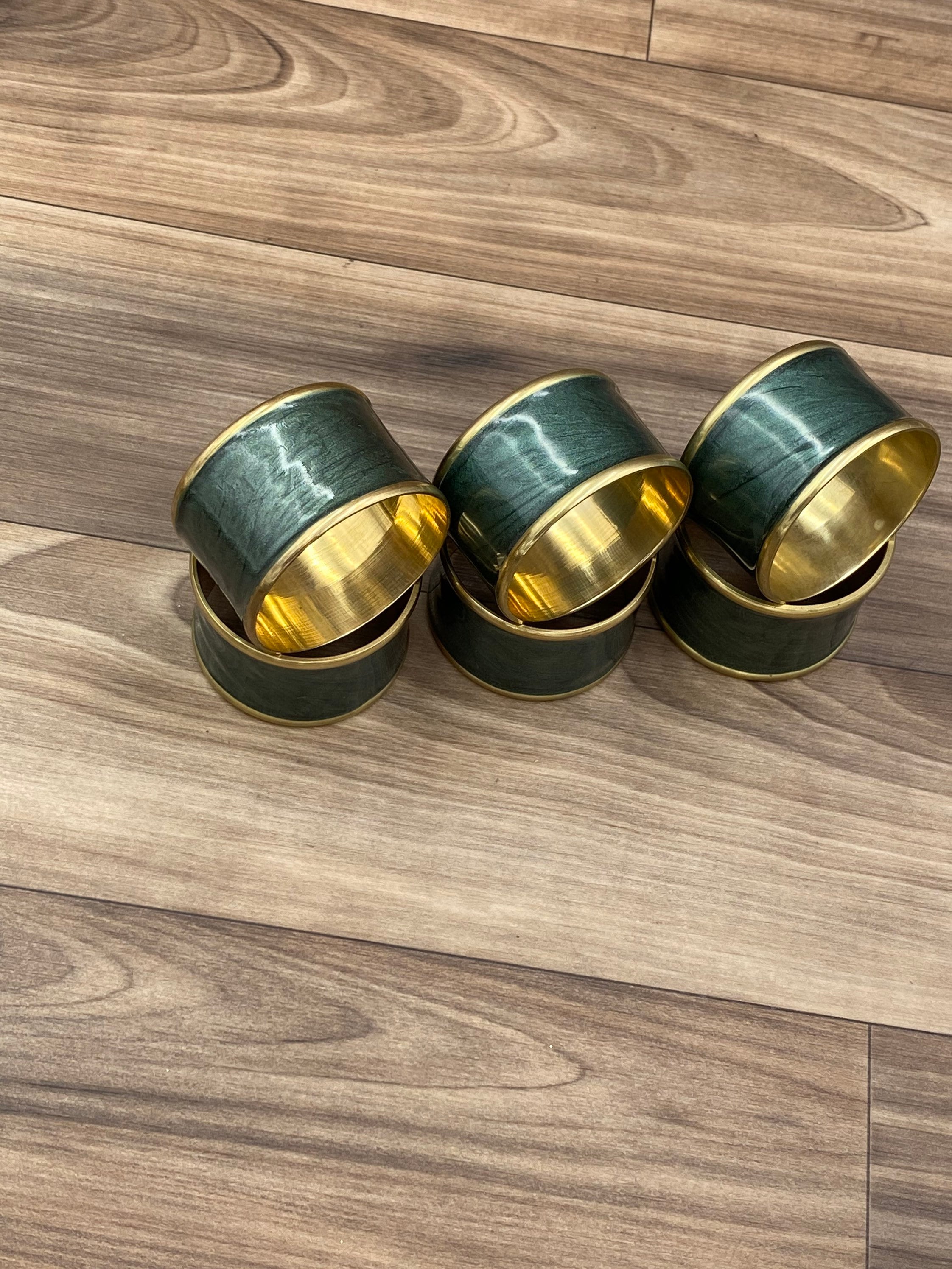 Vintage Green and Brass Napkin Rings, 6 piece set, Table decor