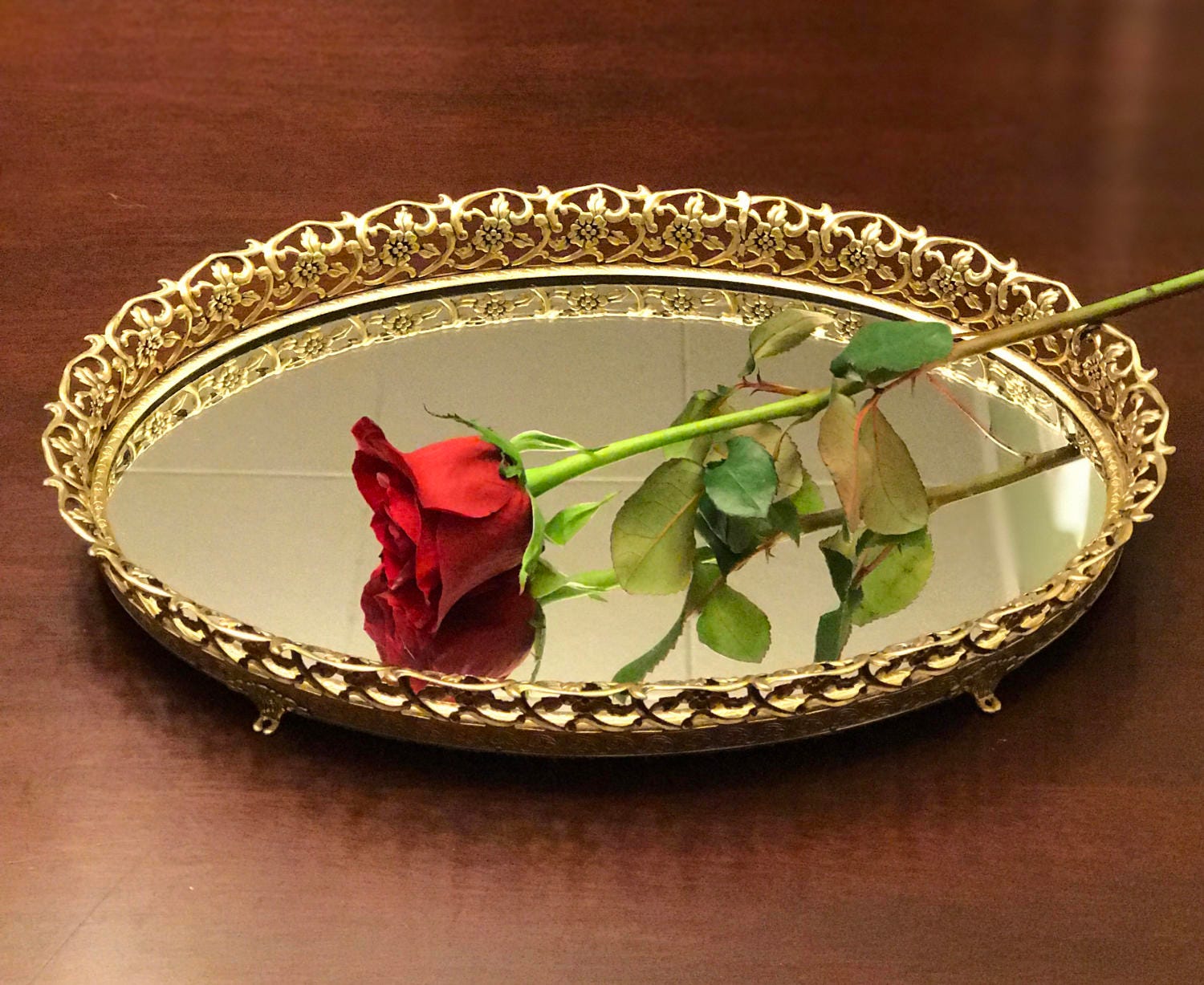Oval Vanity Mirror Tray, Gold Filigree Mirror Tray, oval shaped Tray