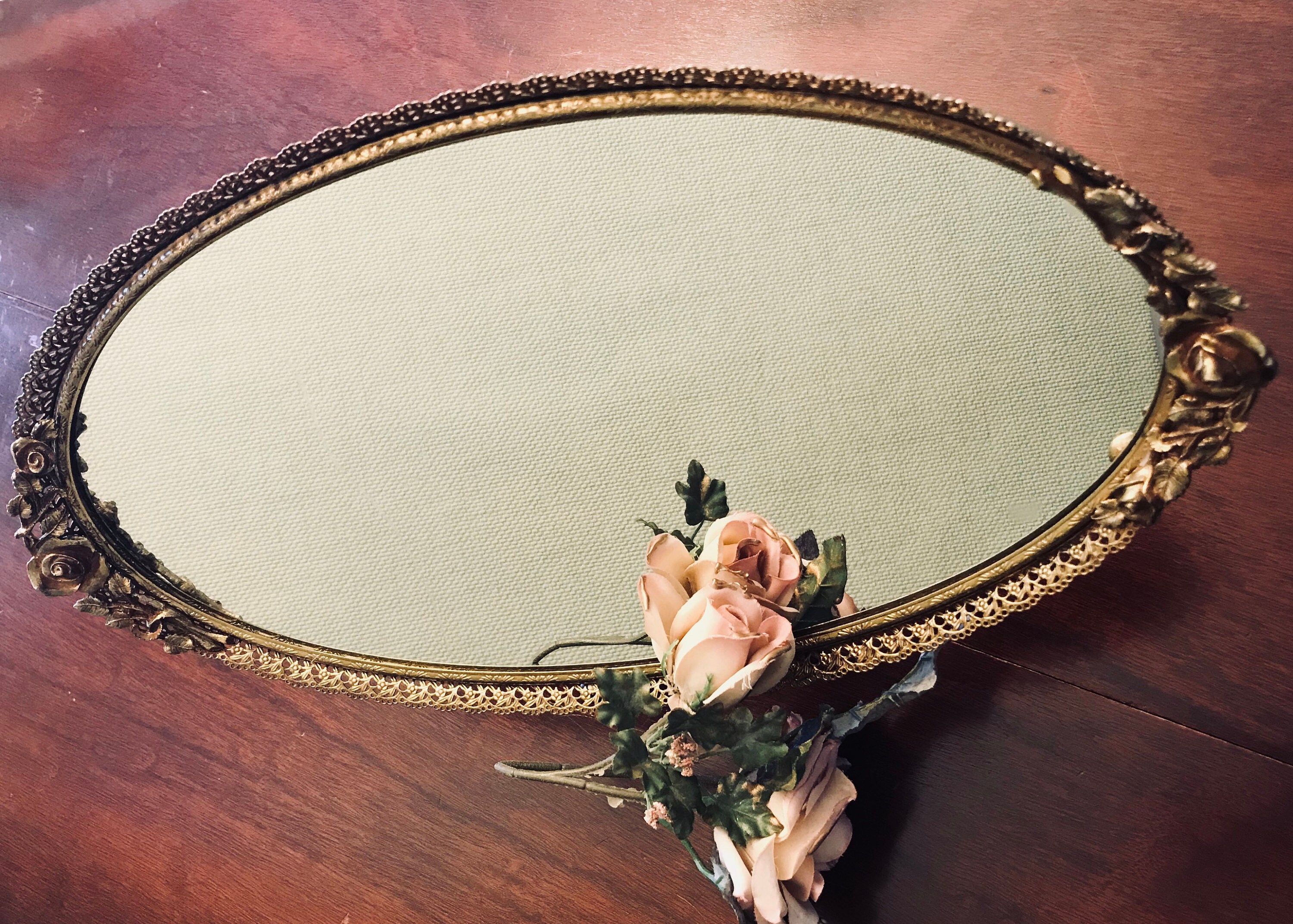 Vintage Matson Vantity Set, Matson Roses mirror, Gold dresser 
