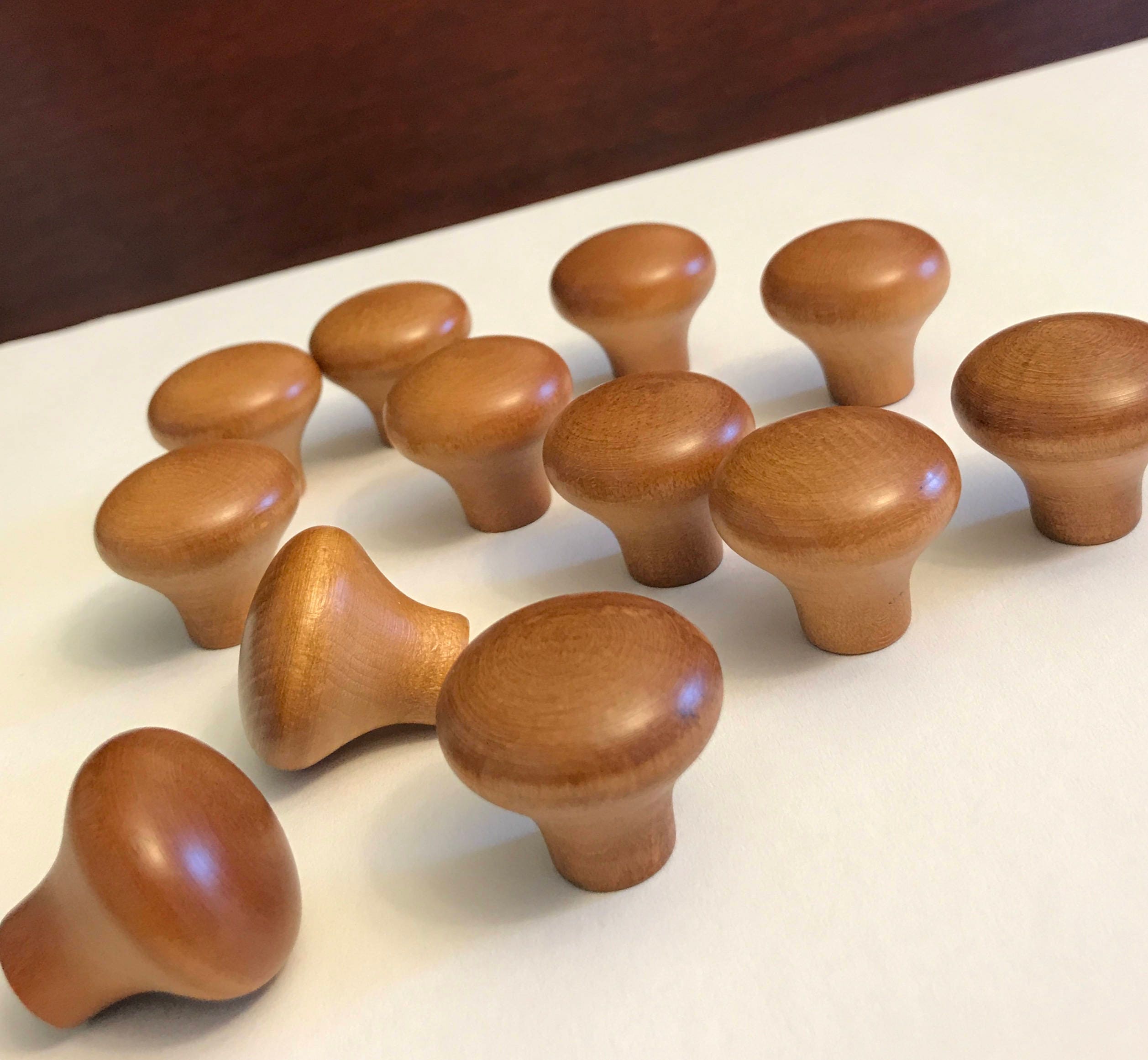 Wood Button Knobs Drawer Pulls. Set of 10, medium finish, Metal