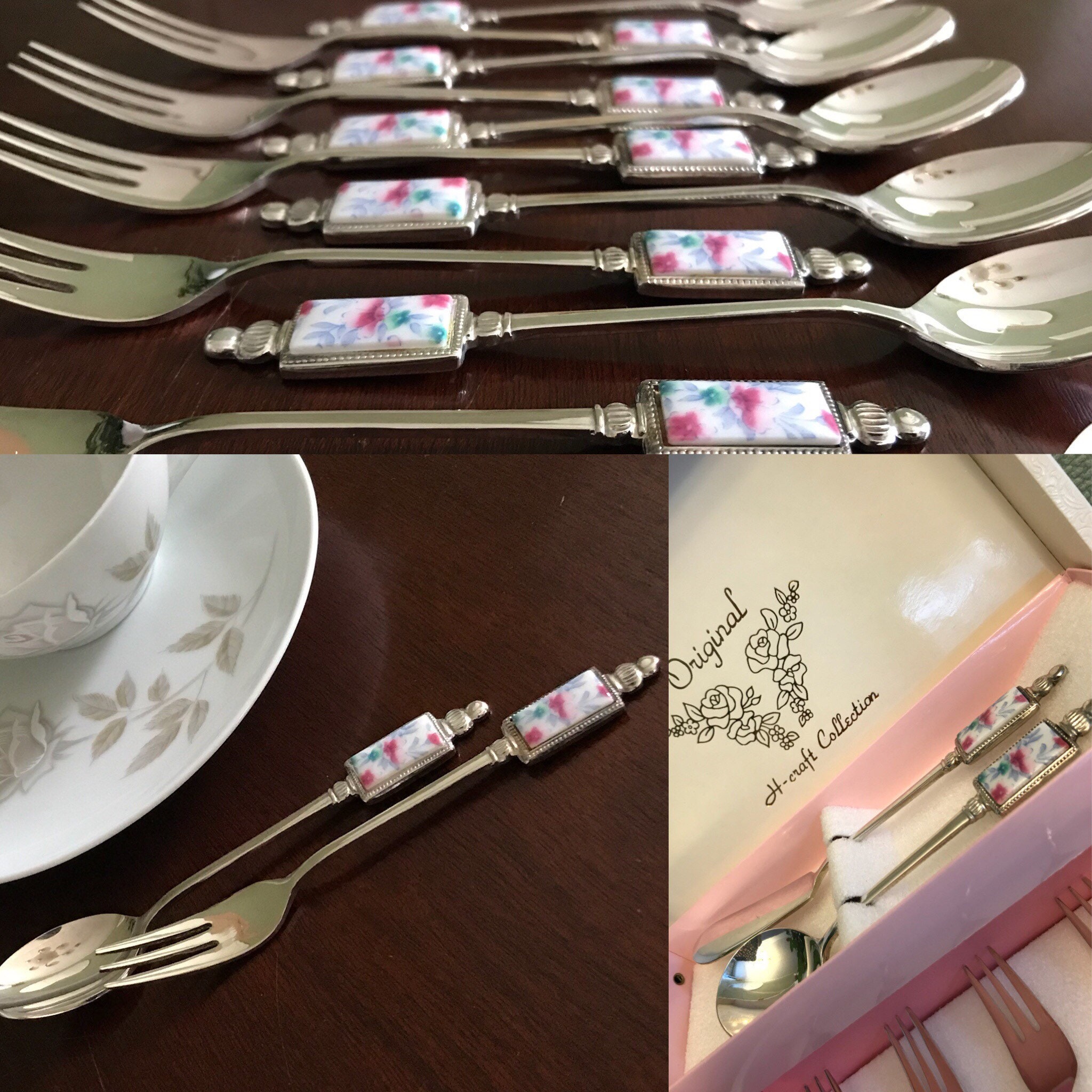 Vintage Floral Tea Party silverware set, Porcelain silverplate dessert