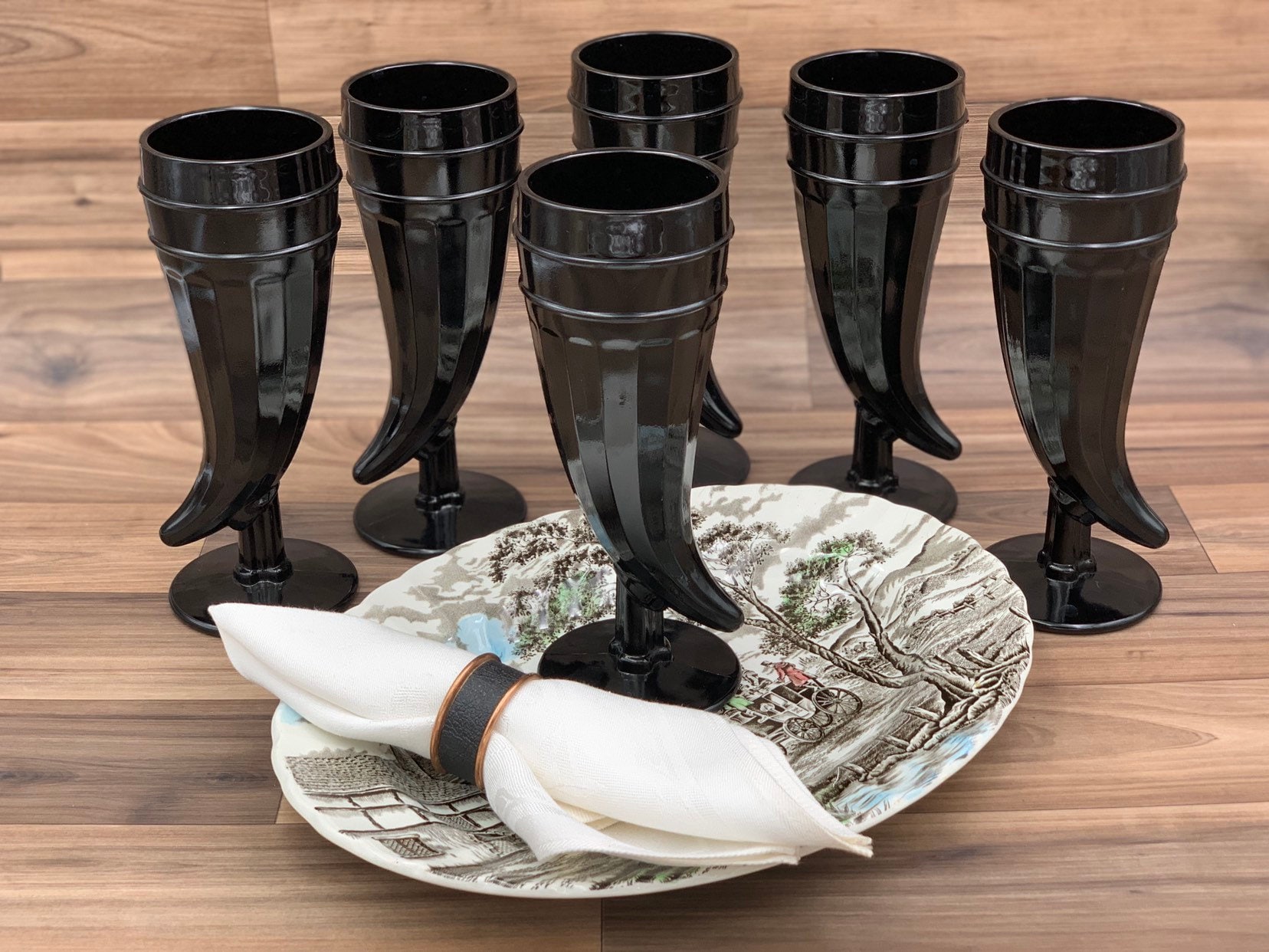 Vintage Powder Horn Glasses, Black Glass Horn Shaped by Tiara, Set Of 6, Gift for Him