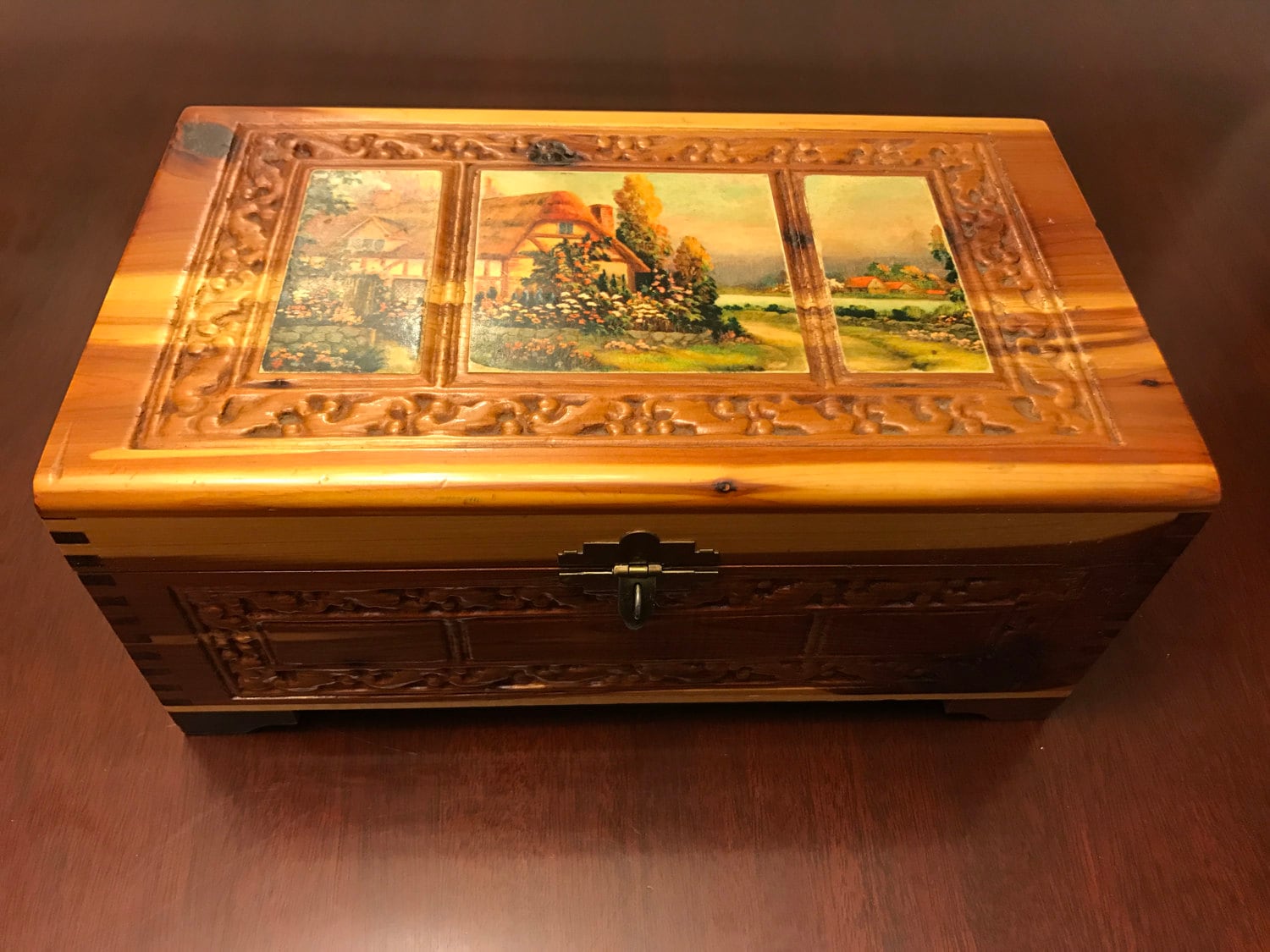 Vintage wooden Box, Keepsake Trinket Box, Carved Wood Box, Cottage