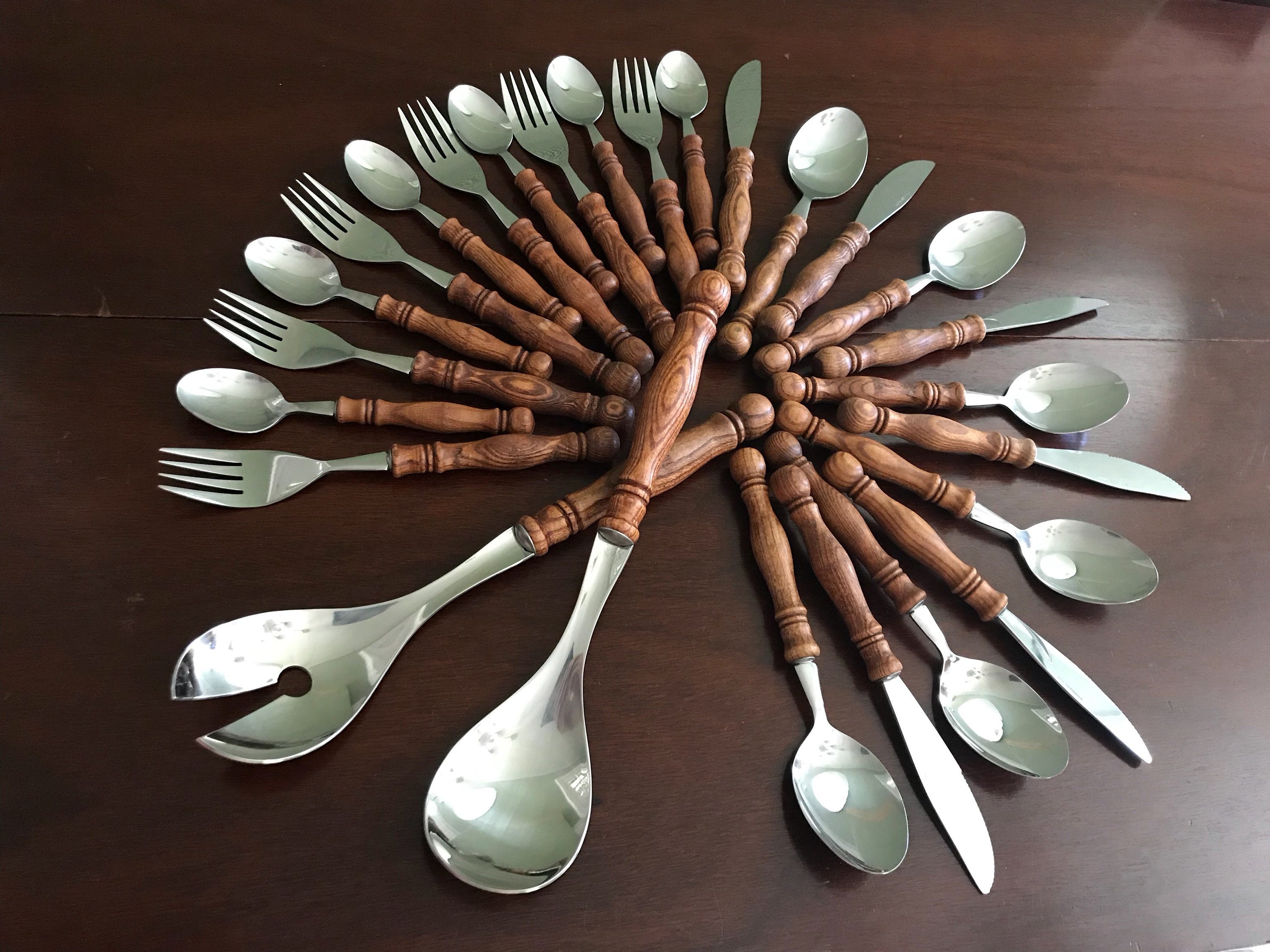 Vintage Wood Handled Flatware set, Black Pine Colonial Style Homestead