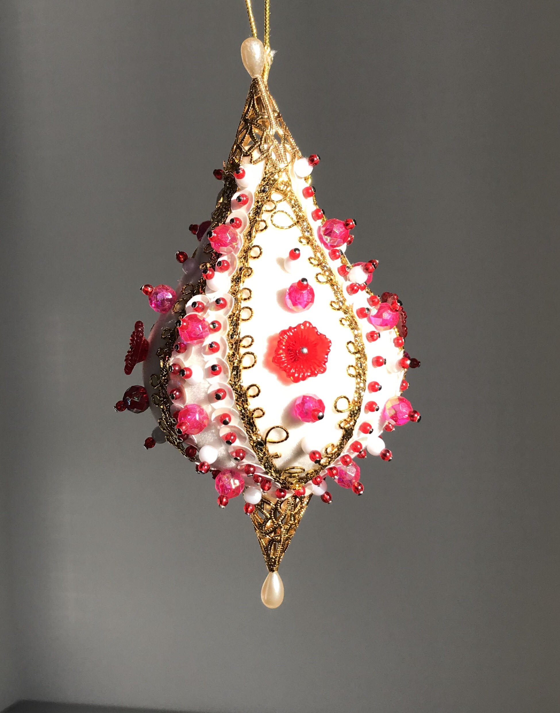 Vintage Beaded Sequined Christmas Ornament, gold pink Bauble, Ornate