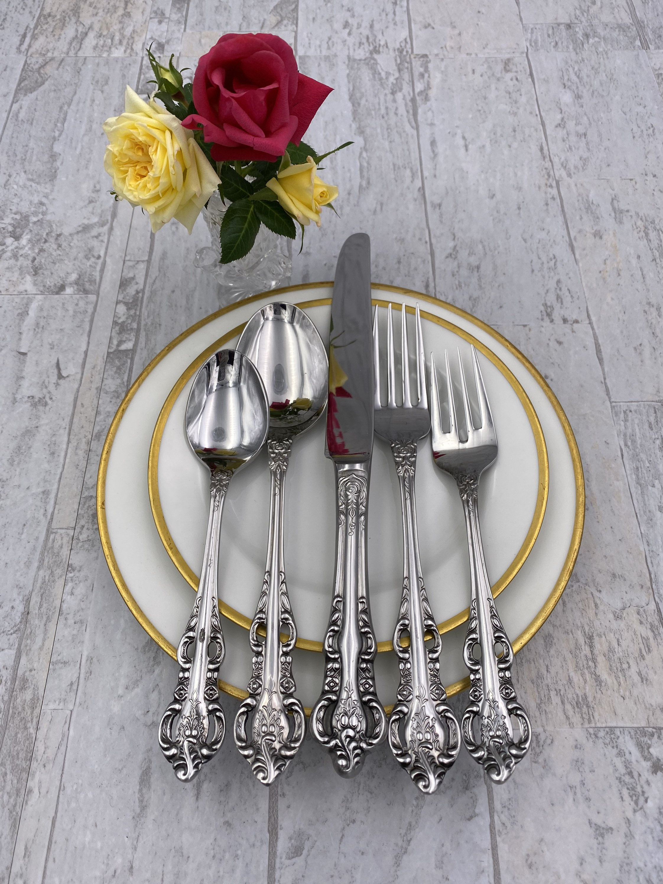 Vintage Stainless Flatware Set, Large Service for 12 Rose Pattern