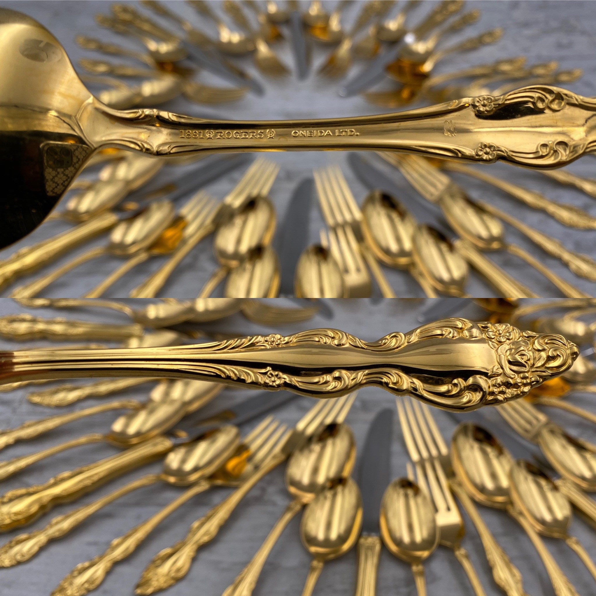 Vintage Gold Flatware set in Silverware chest, 1881 Rogers Golden