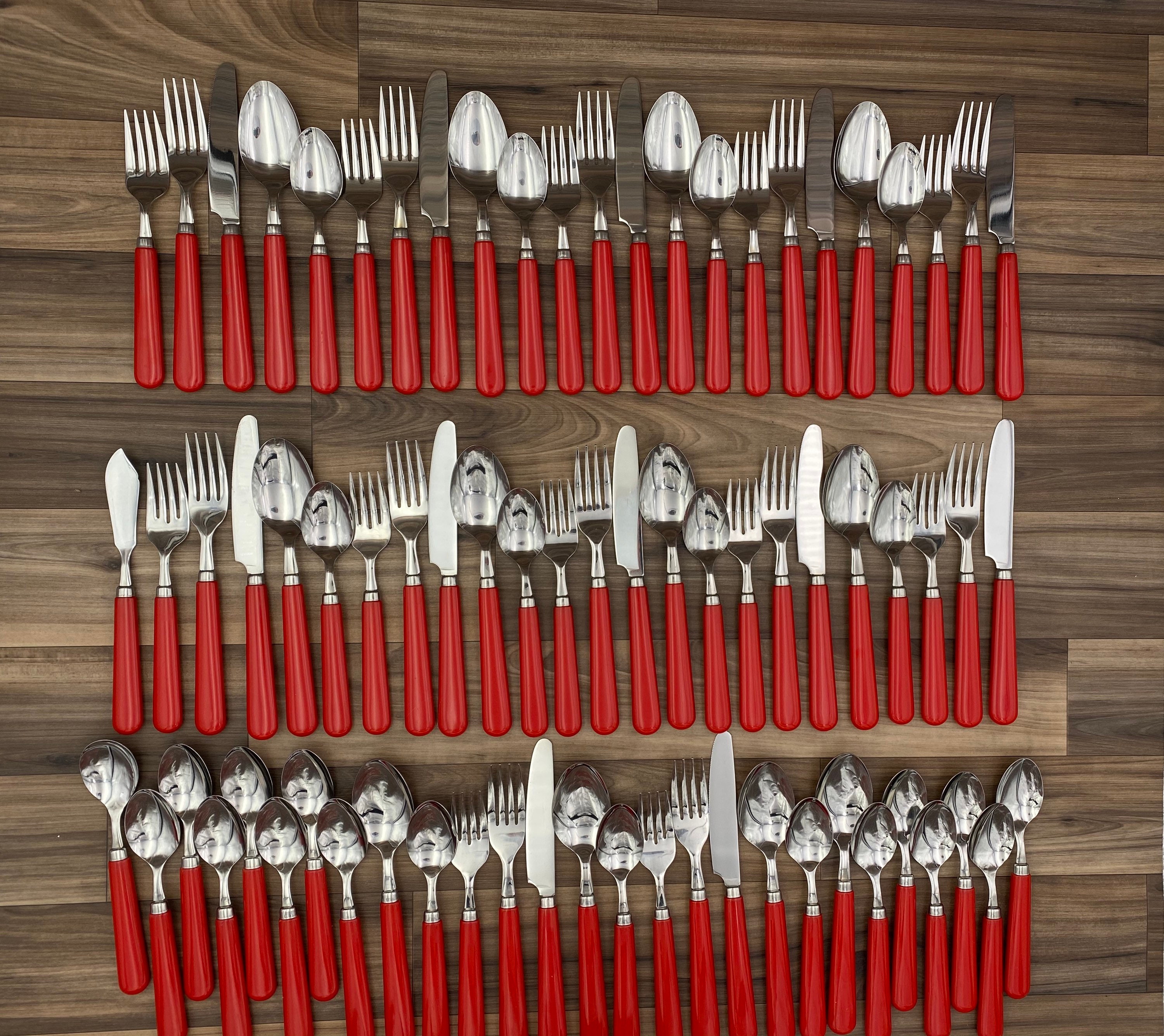 Vintage Flatware Set, Service for 12, Stainless Steel Red Handles