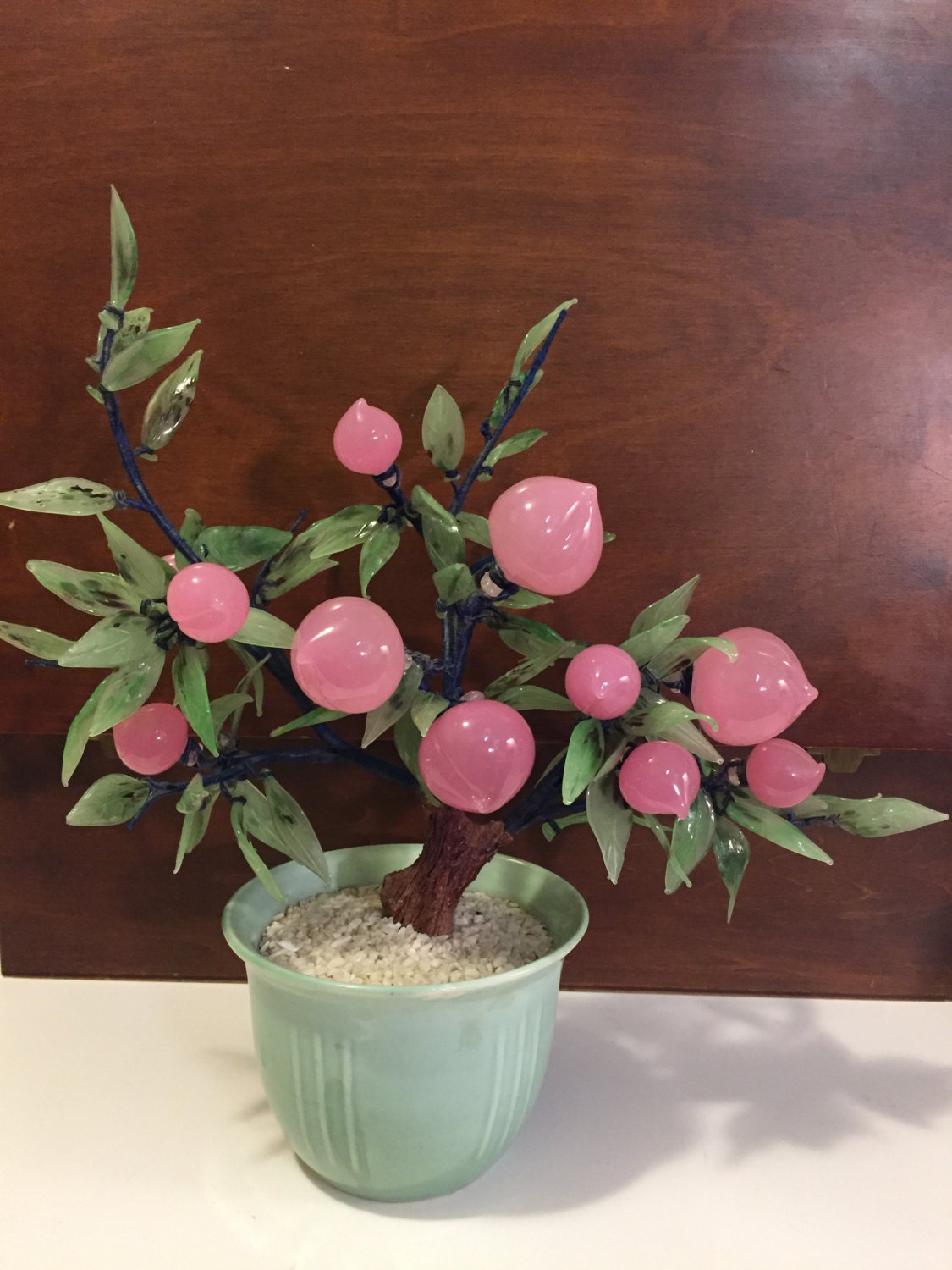 Vintage Jade Bonsai Tree Asian Art Peaches glass jade tree represents