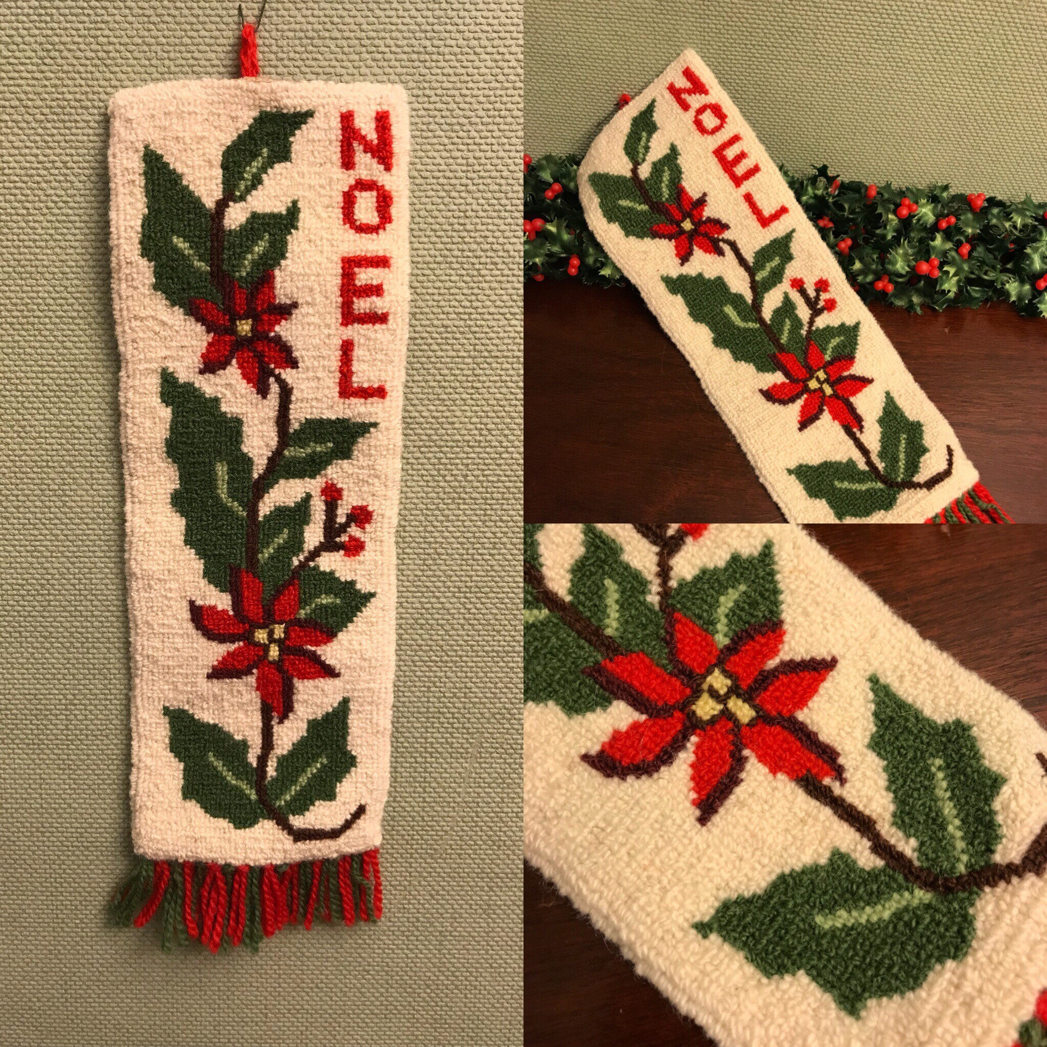 vintage christmas wall hanging handhooked wool wall decor noel wall hanging poinsettia hooked rug small christmas wall hanging gift - Vintage Christmas Wall Decor vintage christmas wall hanging handhooked wool wall decor noel wall hanging poinsettia hooked rug small christmas wall hanging gift - Vintage Christmas Wall Decor