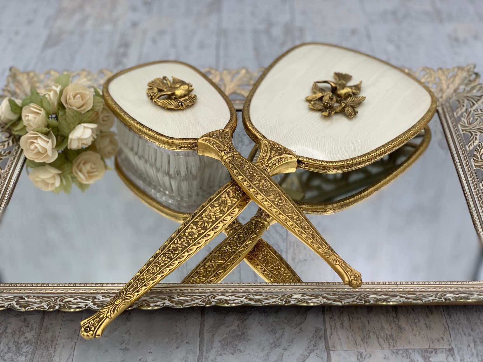 Vintage Gold Vantity Set 24ct Gold plated dresser set, Hand mirror