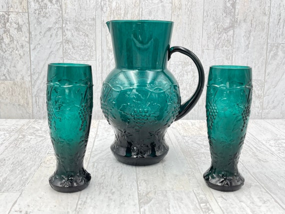 Vintage Green glass Pitcher set, Ombré Art glass, Collectible gift for her