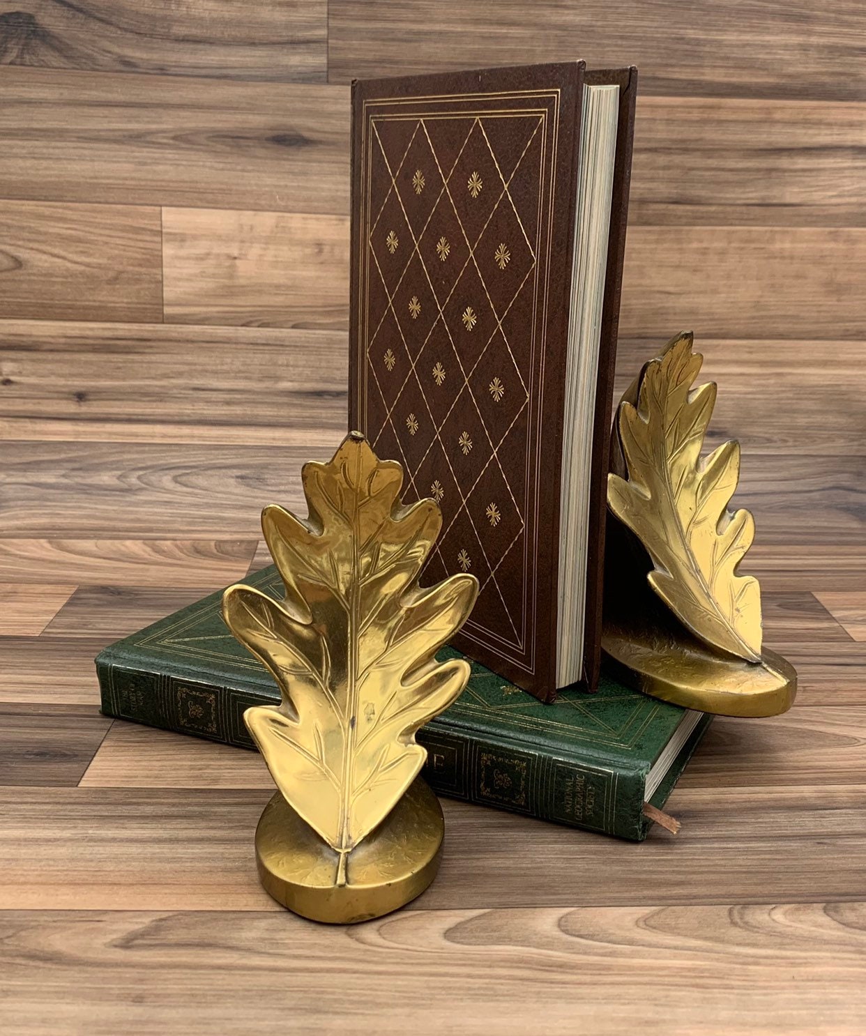 Vintage Oak Leaf Bookends, PM Craftsman Bronze Bookends, Library decor
