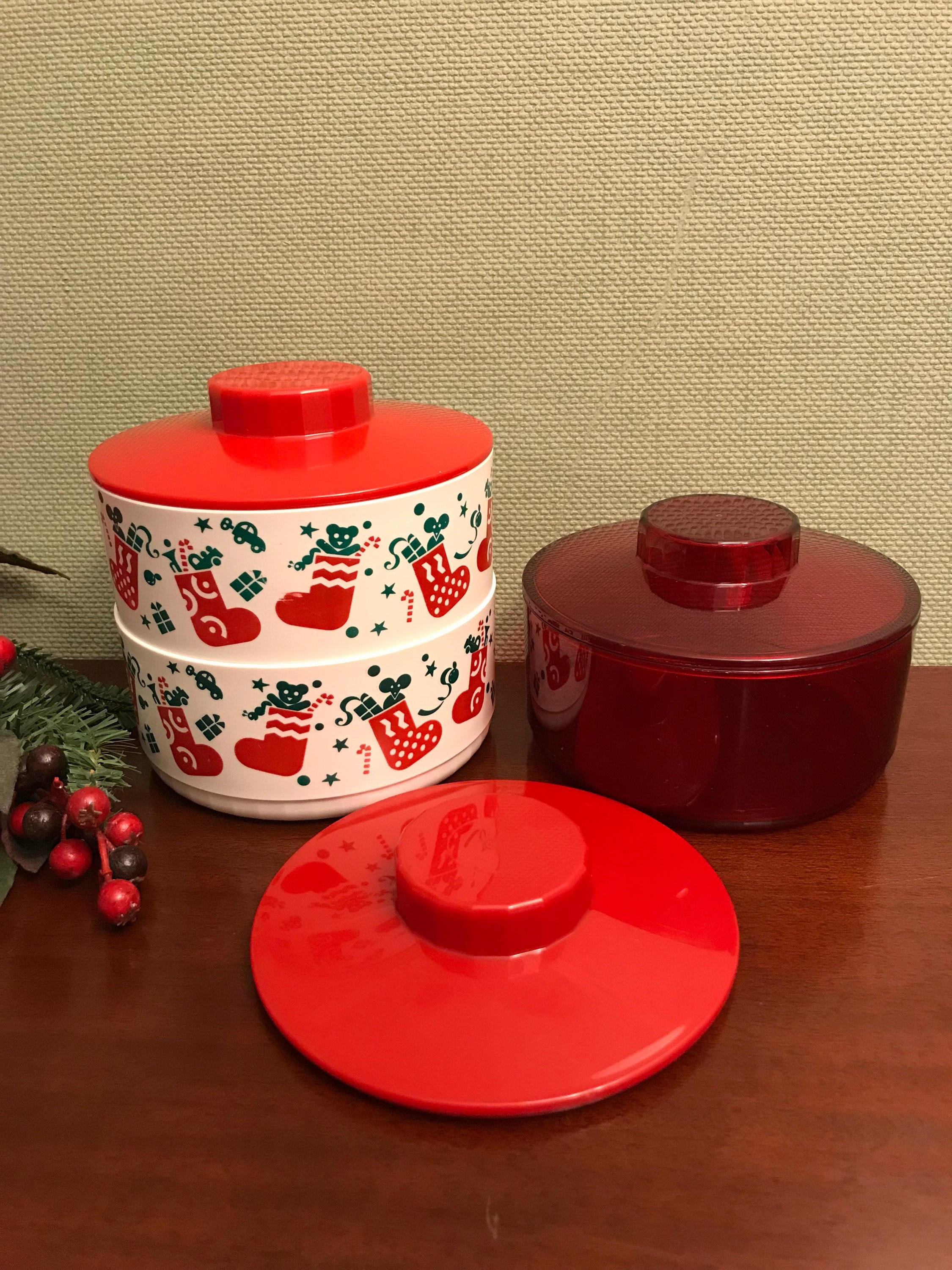 Vintage Tupperware Christmas Canisters, 3 Stacking Cookie containers,  Holiday Kitchen storage, cookie exchange, Holiday cookie containers