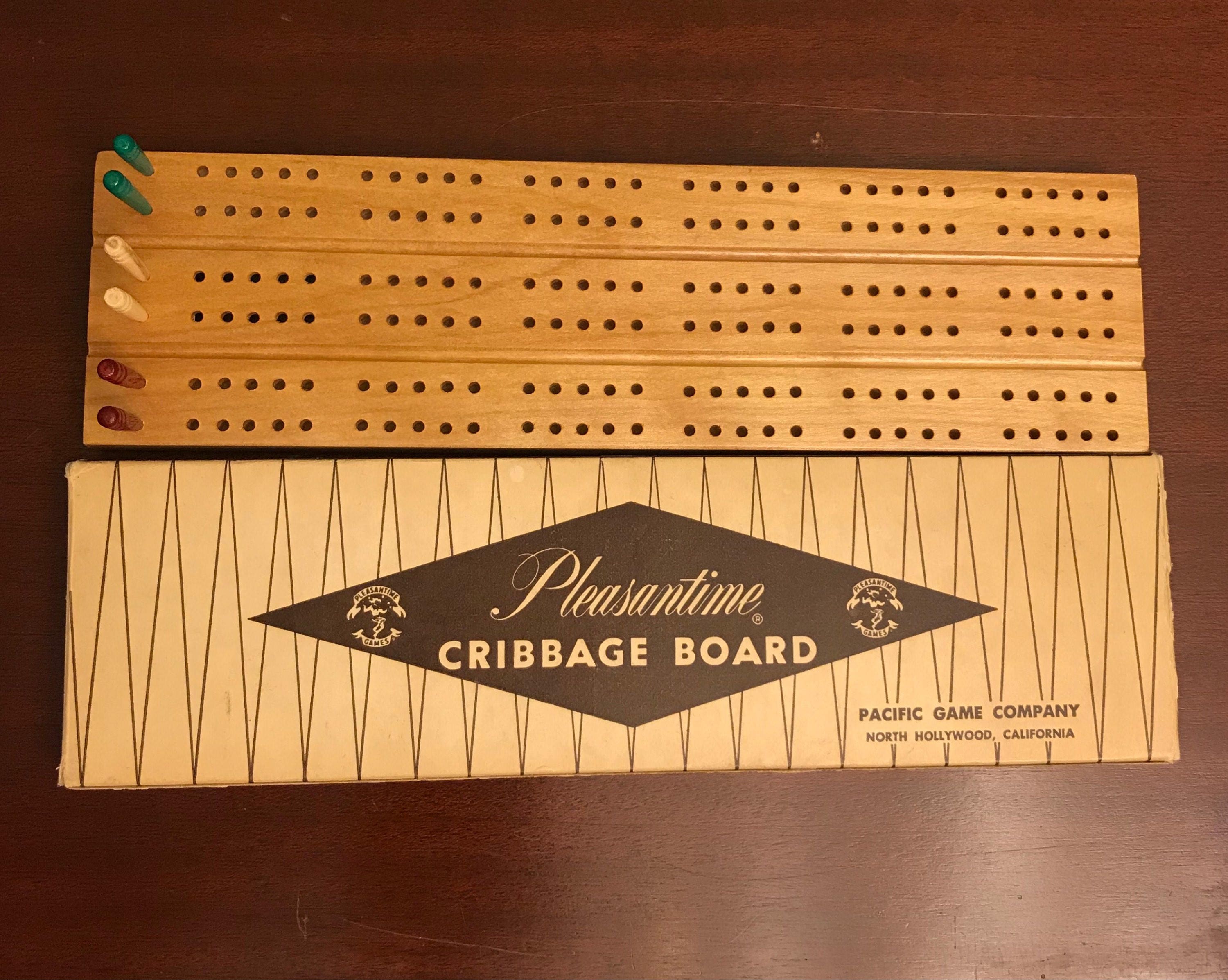 Vintage Cribbage Board, Wooden Cribbage board with 6 pegs. Pleasantime Cribbage board 705