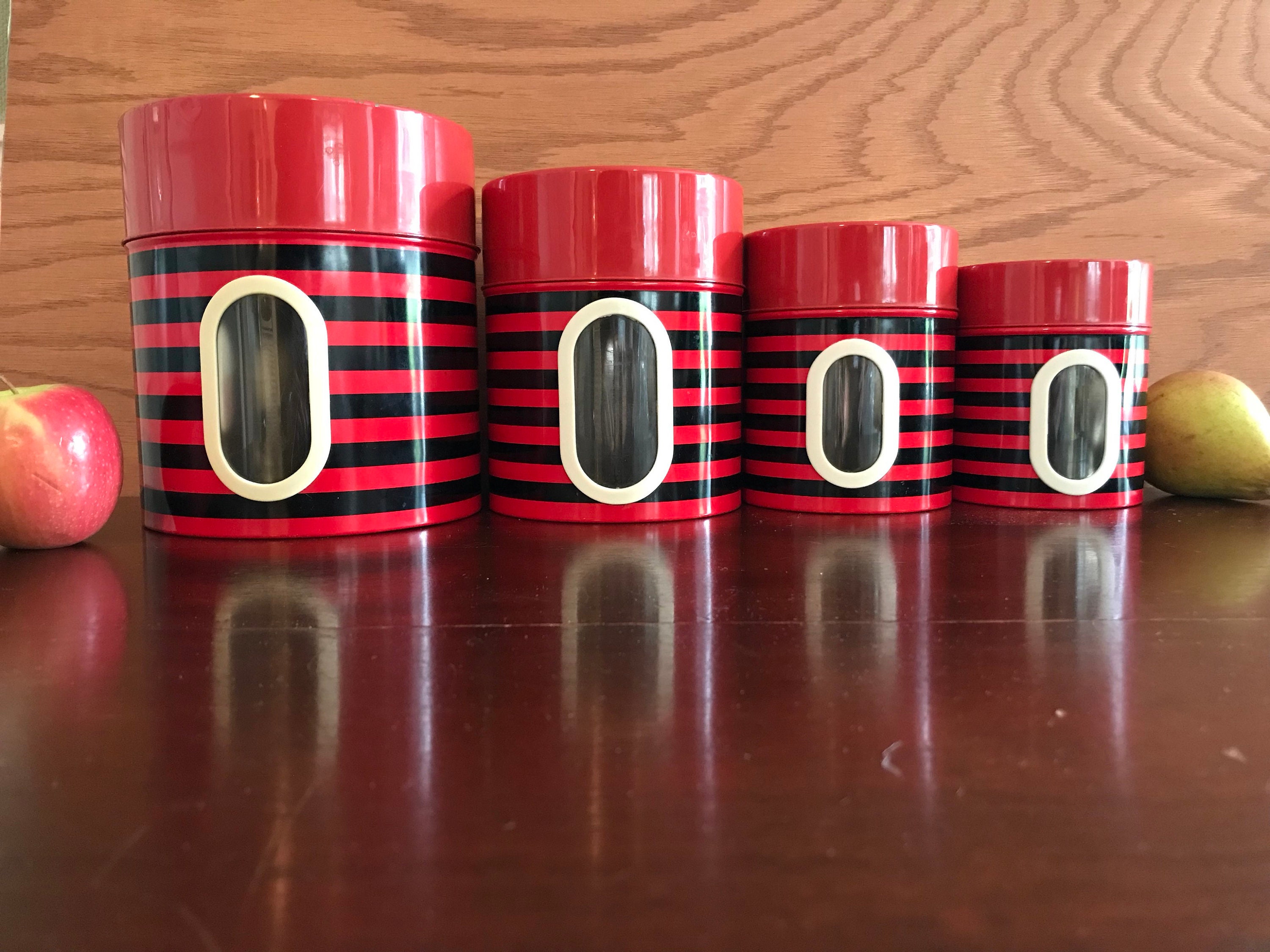 Vintage Red Black Stripe Canister set, Nesting Tin canisters, Kitschy
