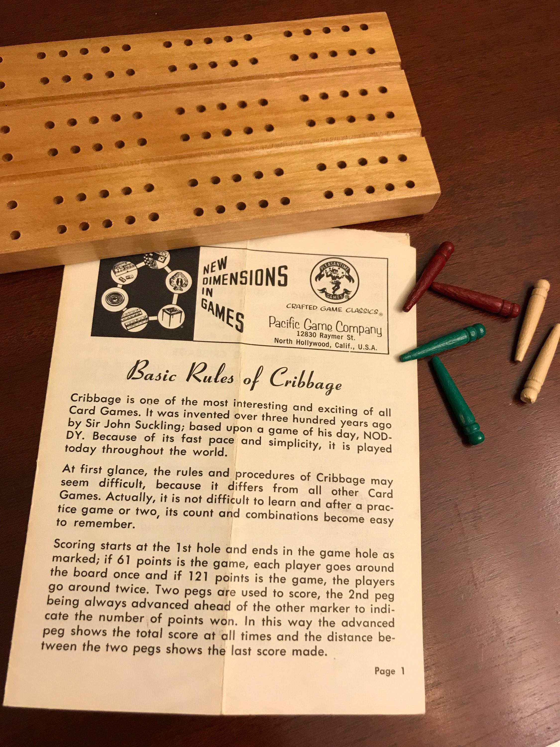 Vintage Cribbage Board, Wooden Cribbage board with 6 pegs. Pleasantime Cribbage board 705