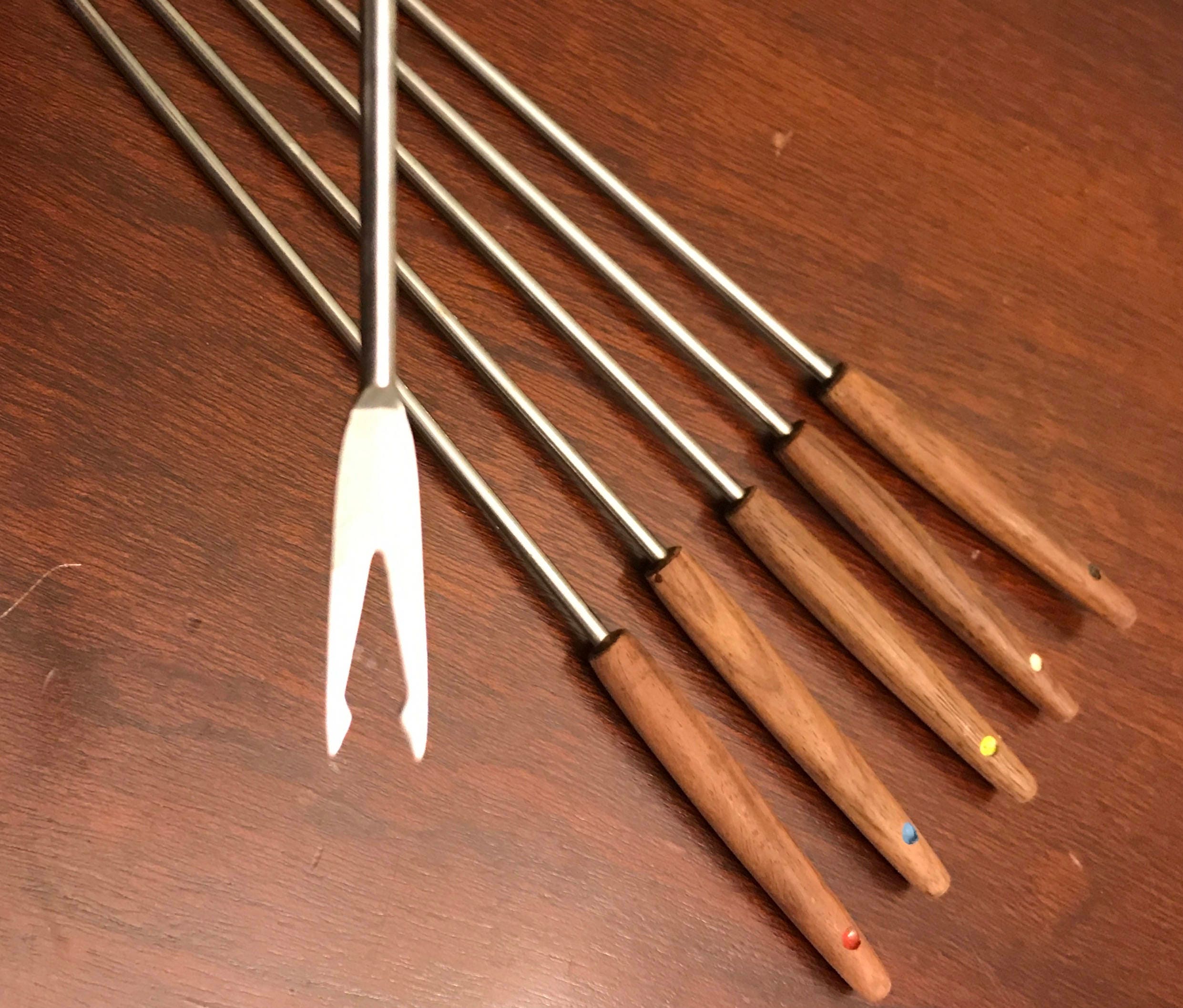 Danish Modern Fondue Forks, Teakwood stainless steel with Color Dots