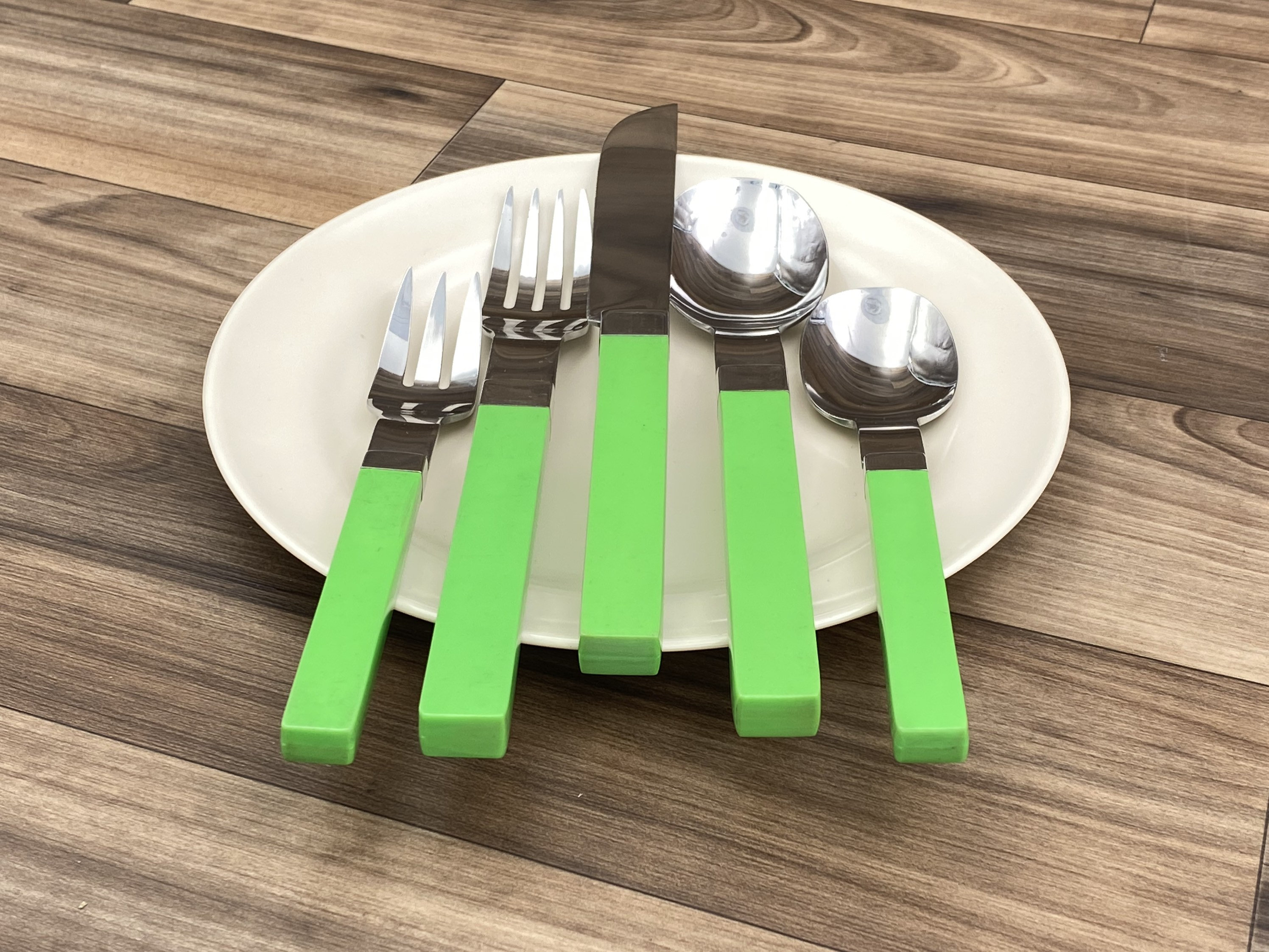 Vintage Stainless Flatware set Garden Green Plastic Handles, Retro