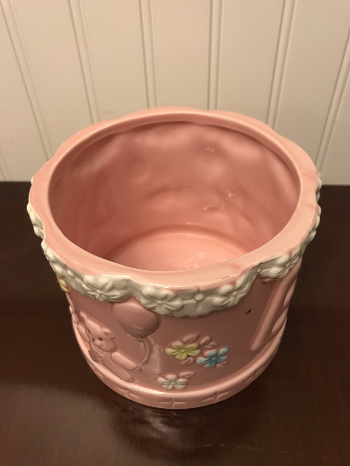 Vintage Pink Baby planter, flowers on pink ceramic, baby nursery