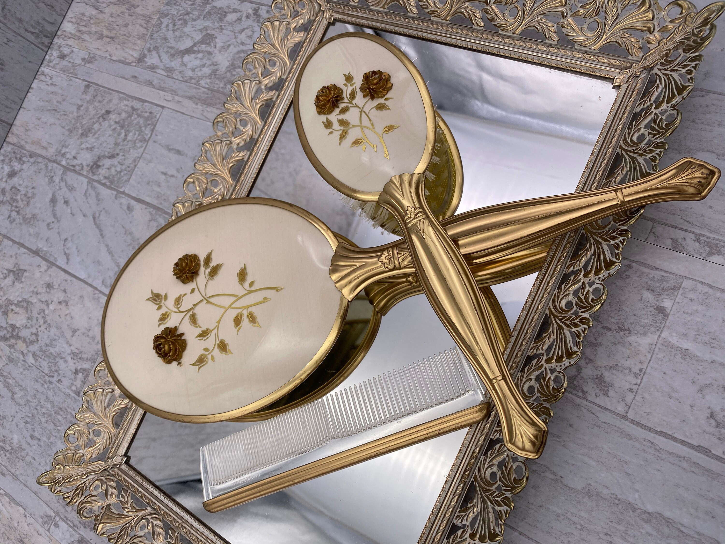 Vintage Vanity set Lady Fair Dresser Set Copper plated Hand mirror