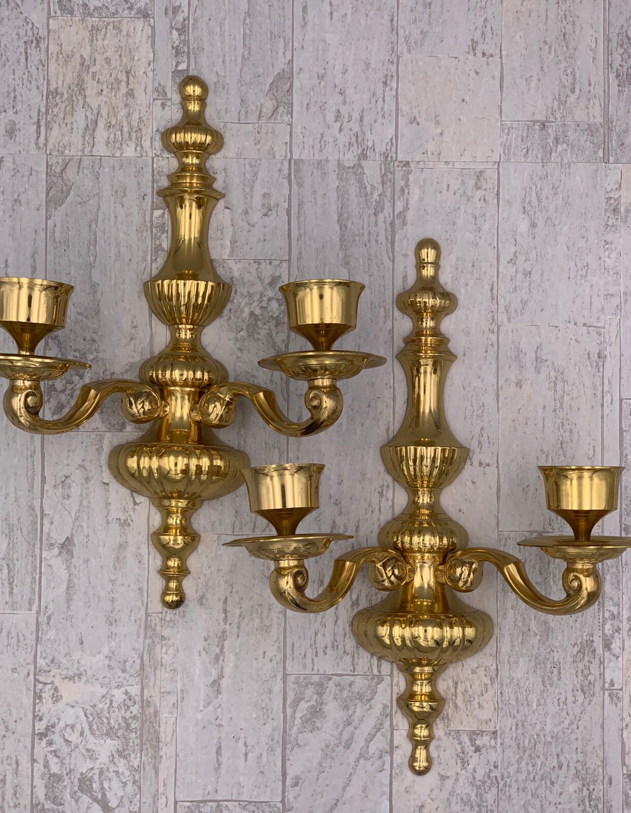 Vintage Brass Wall Sconces, Pair of Double wall candle holders, Large