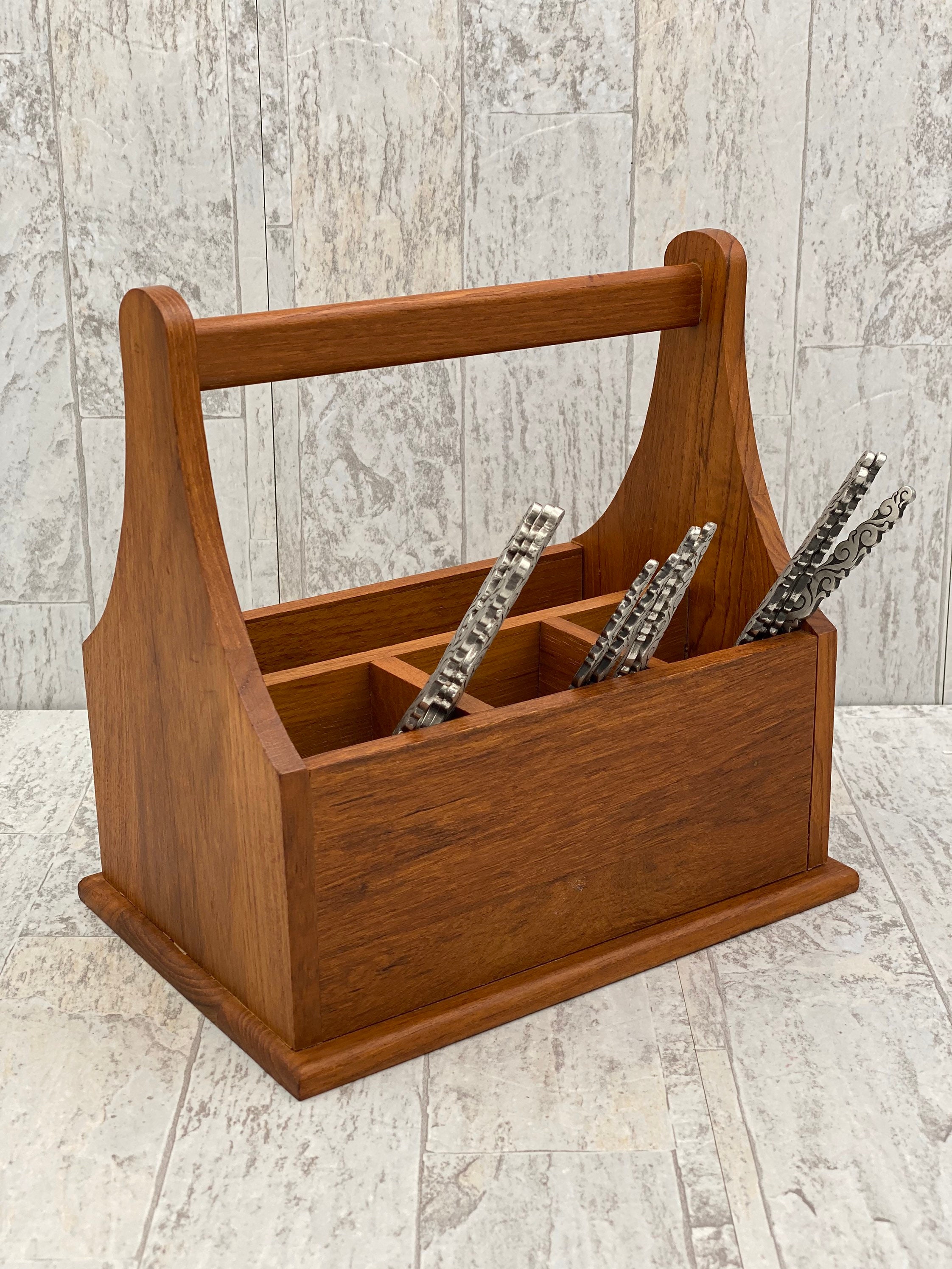 Vintage Flatware caddy, Teakwood silverware holder, Utensil carrying