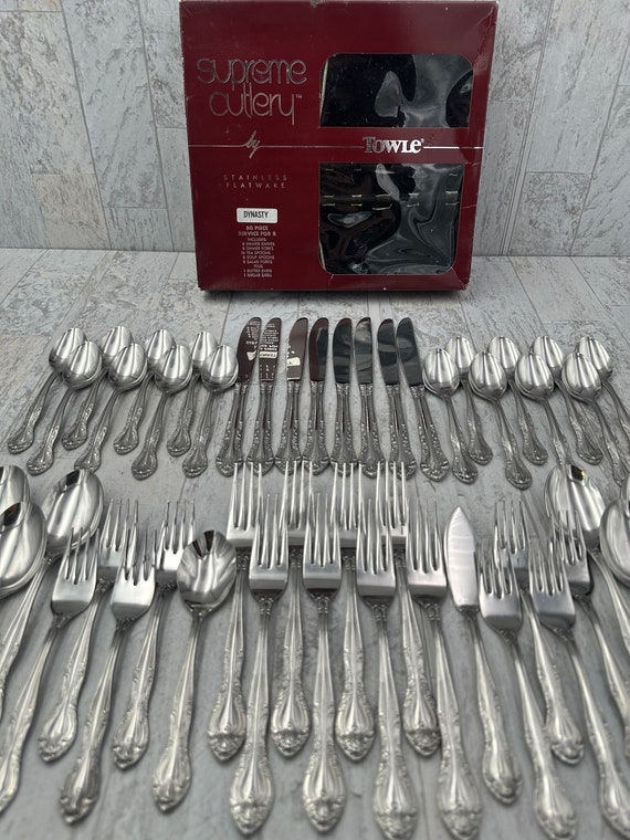 Vintage Flatware Set, MCM Floral Stainless Silverware Set by Towle Supreme Cutlery