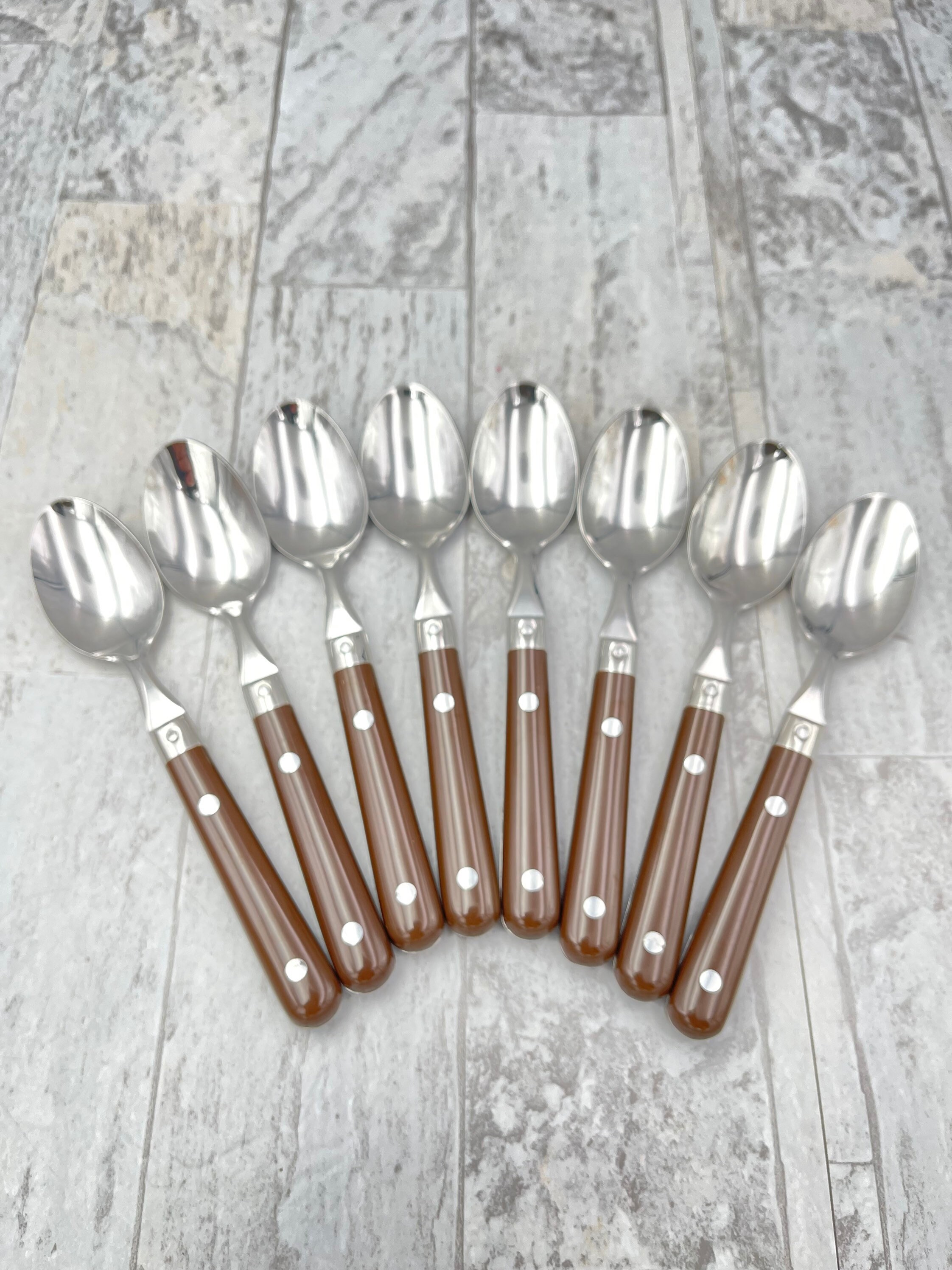 Vintage Flatware set with riveted Brown Plastic Handles, Rustic Cabin, Vintage TrailerCamping