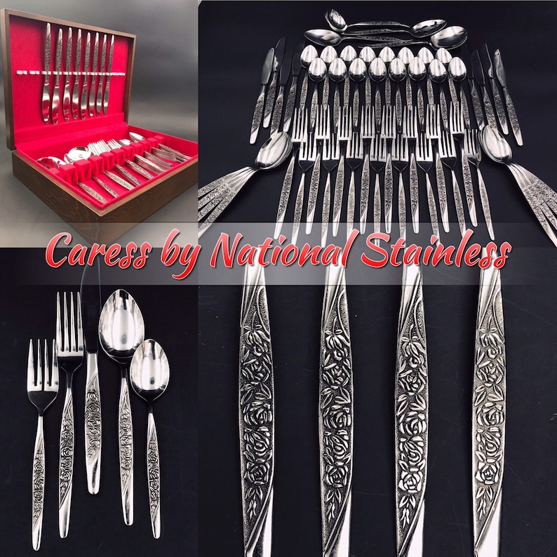 Vintage Caress by National Stainless Flatware set Vintage Silverware chest service for 8 glossy Stainless Floral embossed silverware