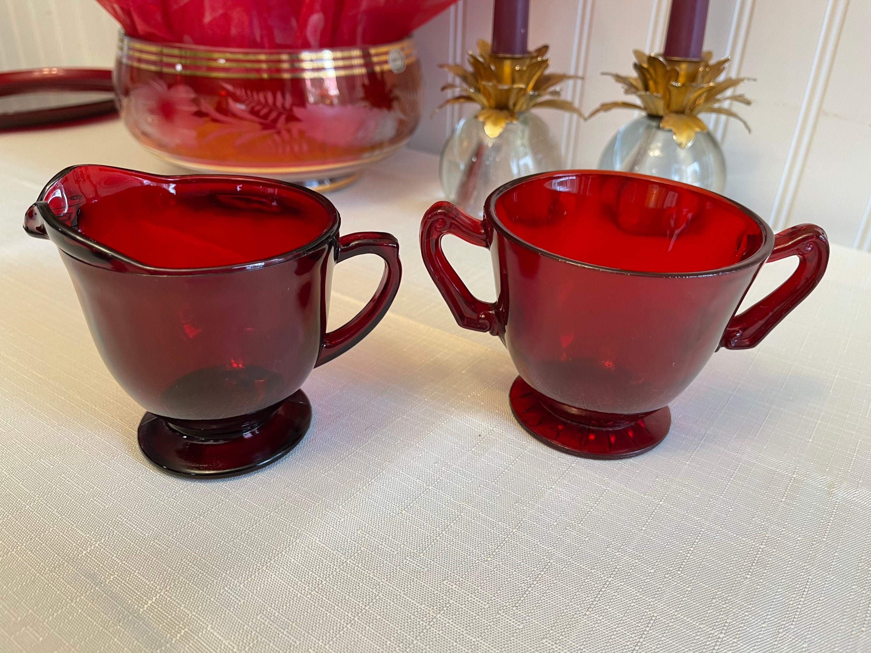 Vintage Ruby Red Glass Sugar and Creamer Set, Pedestal Solid Color