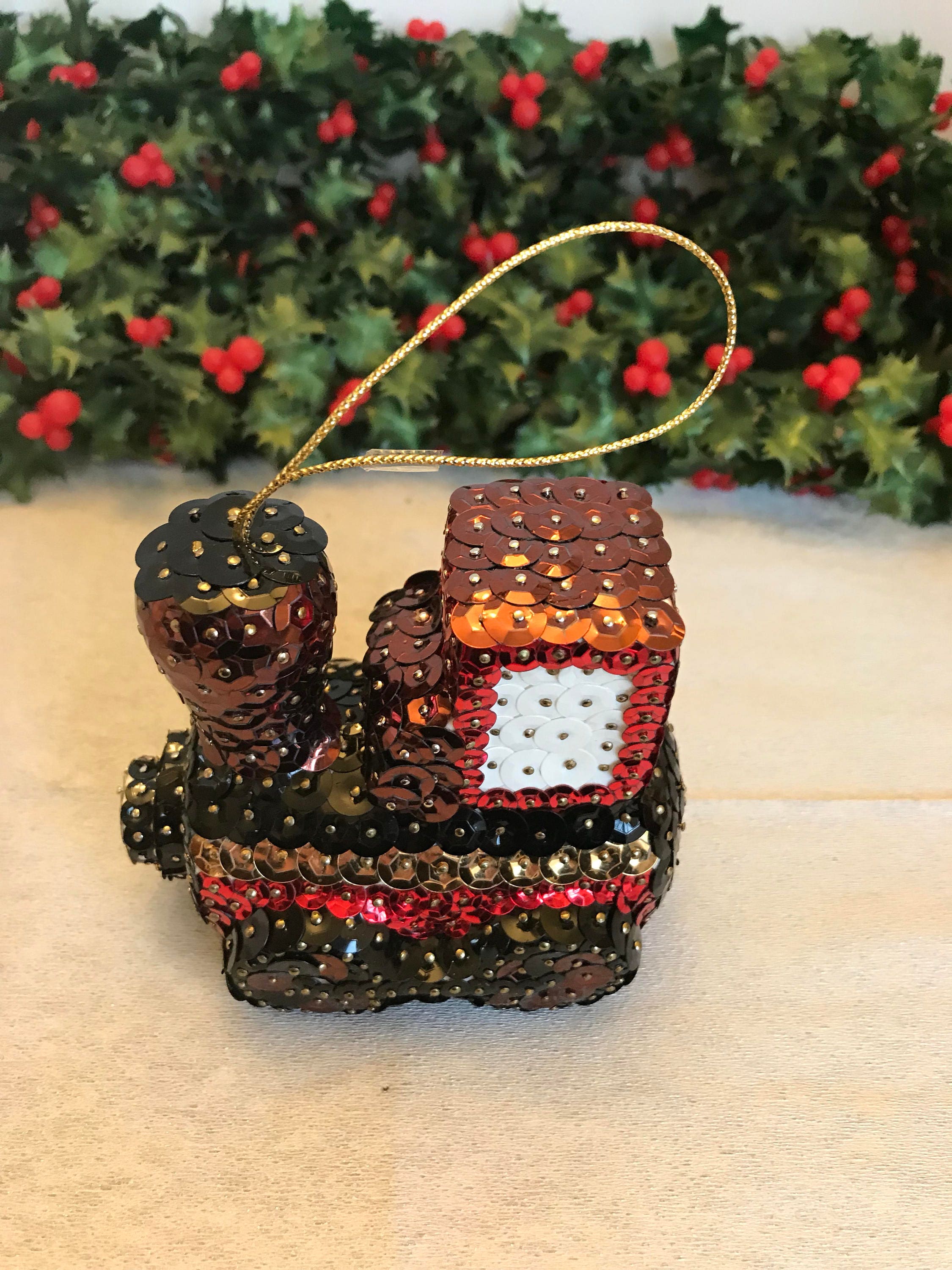 Vintage Train Ornament, sequined train, collectible Train Bauble
