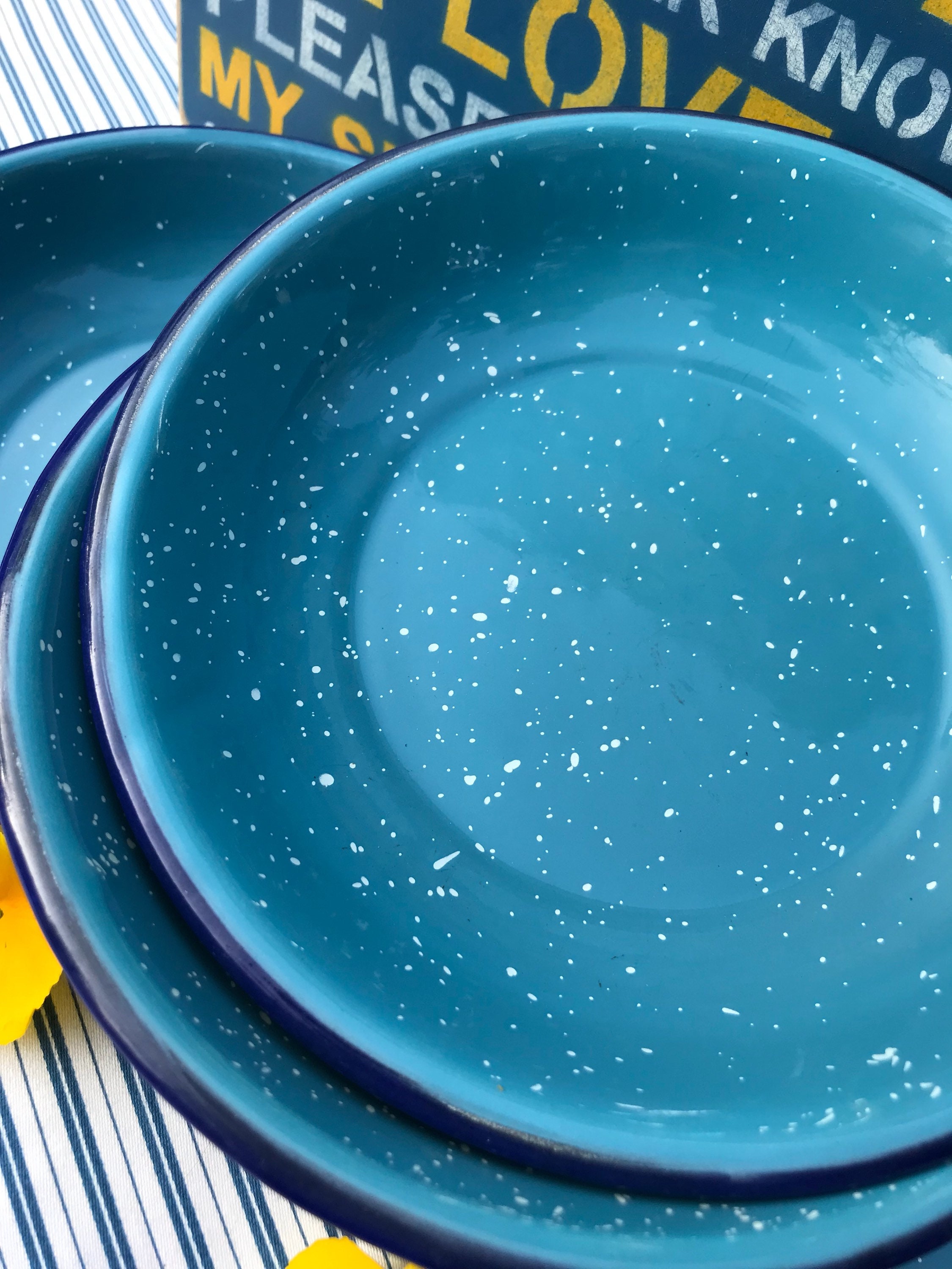 Vintage Turquoise Navy Graniteware Bowl set, 4 Enamelware Bowls, cabin