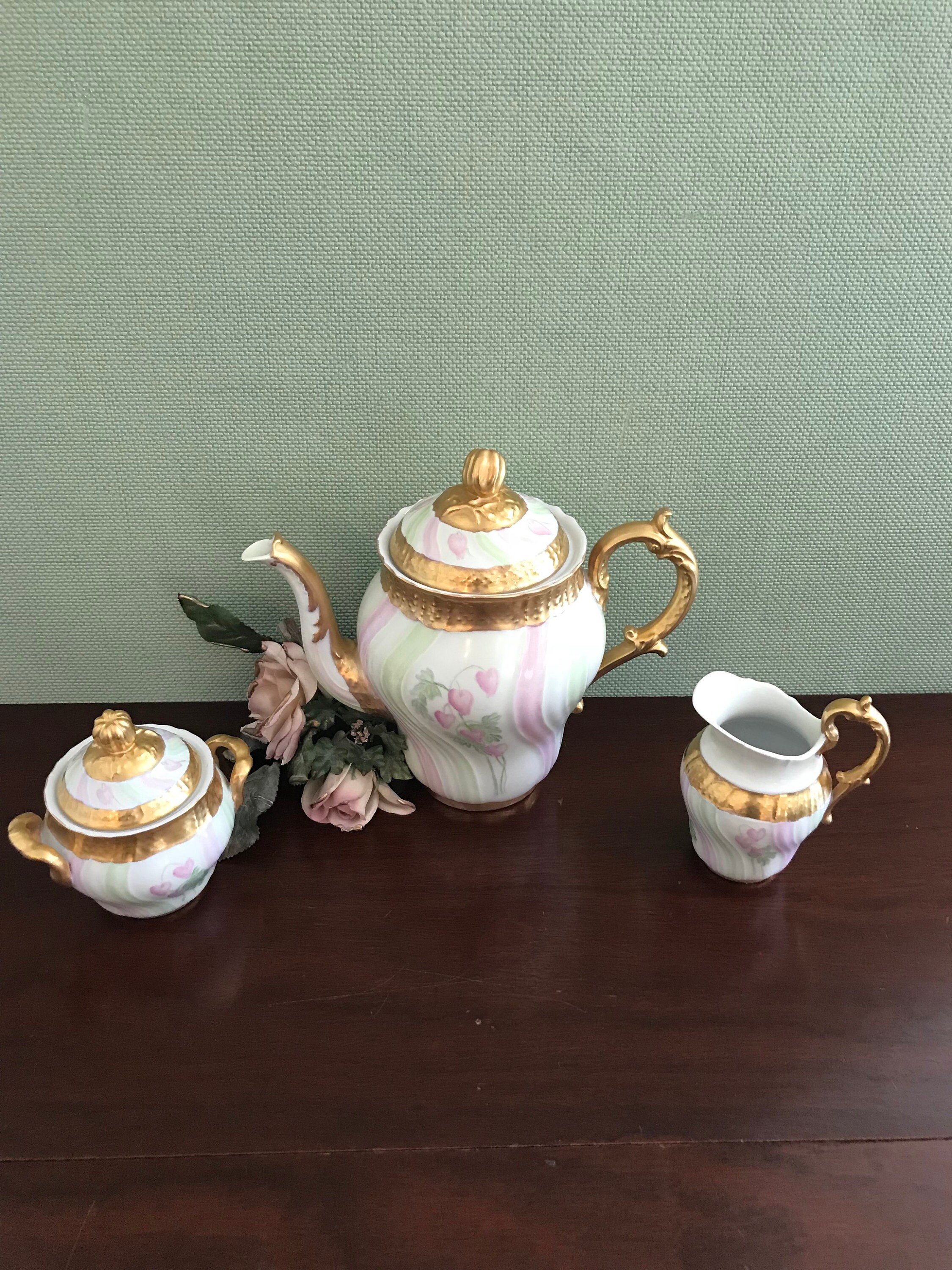 Vintage Hand painted Tea Set, Floral Teapot with matching cream and sugar