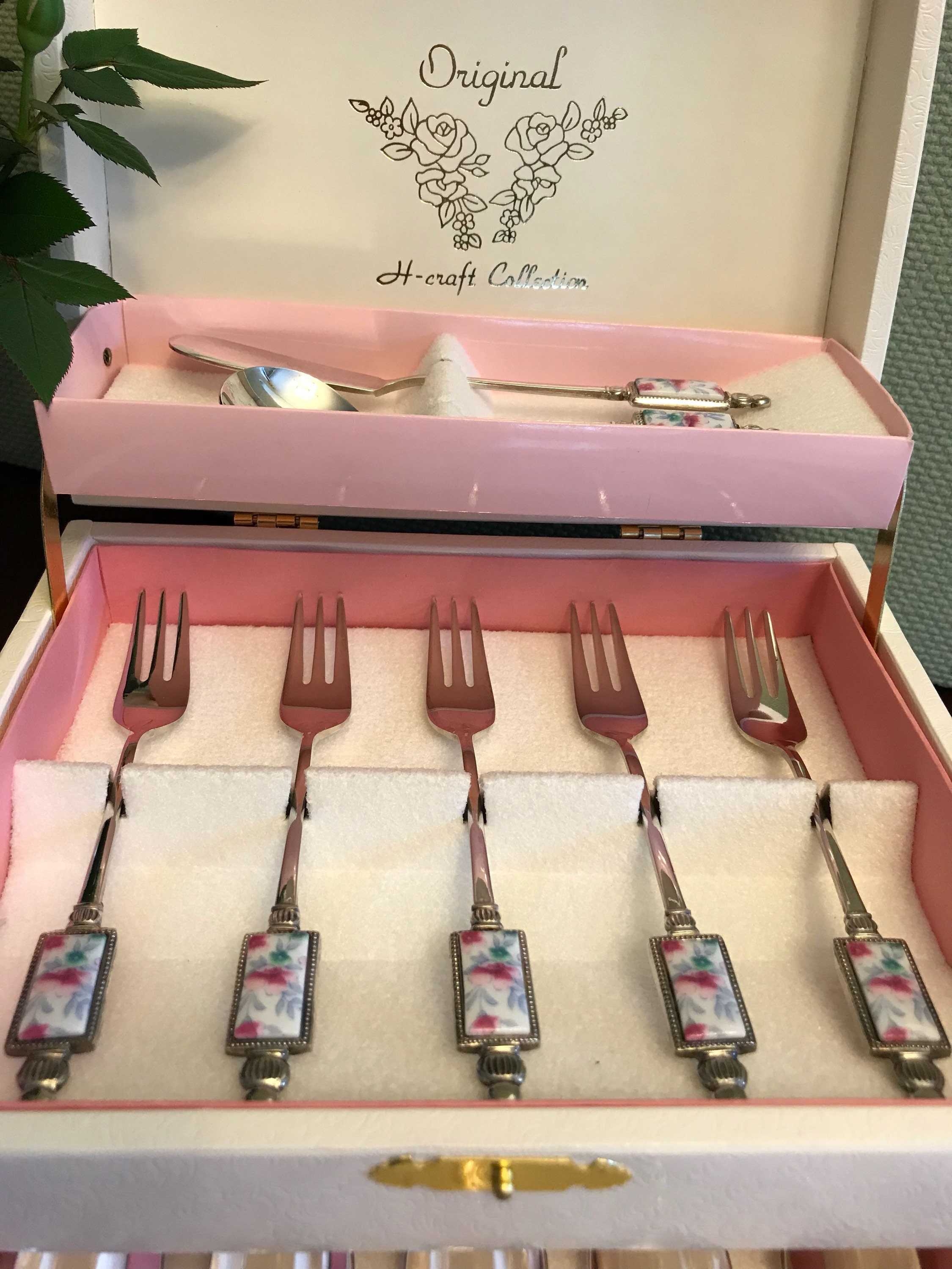 Vintage Floral Tea Party silverware set, Porcelain silverplate dessert