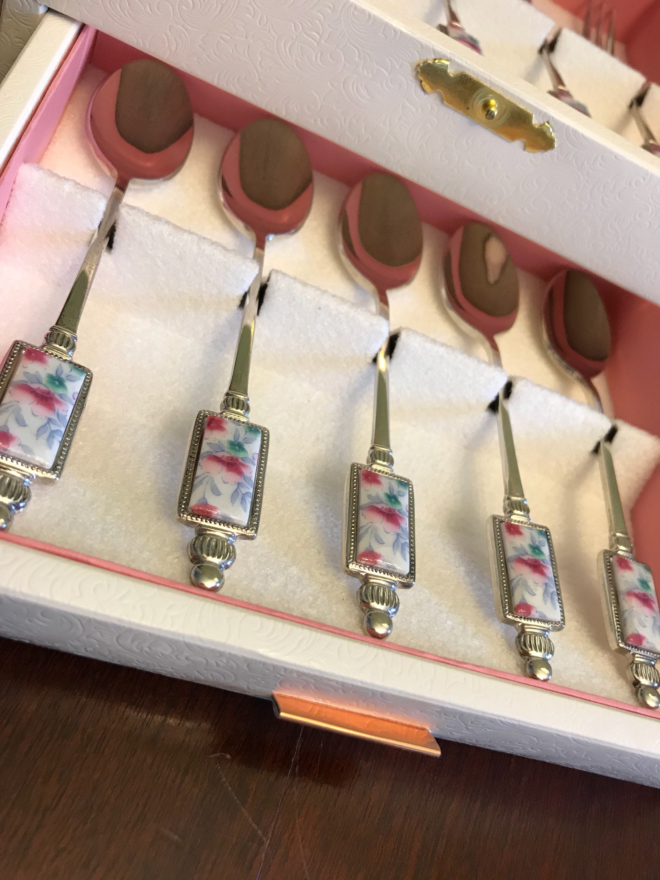 Vintage Floral Tea Party silverware set, Porcelain silverplate dessert