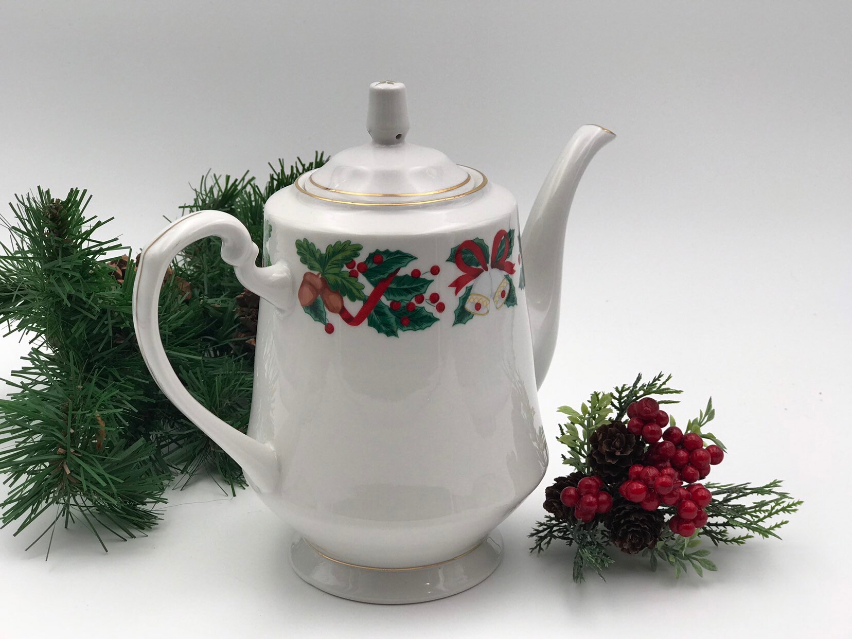 Vintage Christmas China Teapot, Royal Majestic Holiday Cheer pattern Gold trim, Holiday Tea party