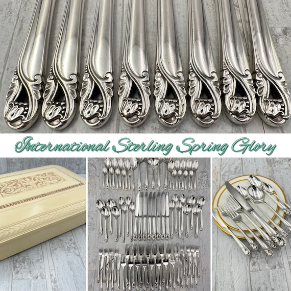 Estate International Sterling Spring Glory Flatware set in Bakelite Silverware chest, Service for 8 with serving pieces, Wedding Gift