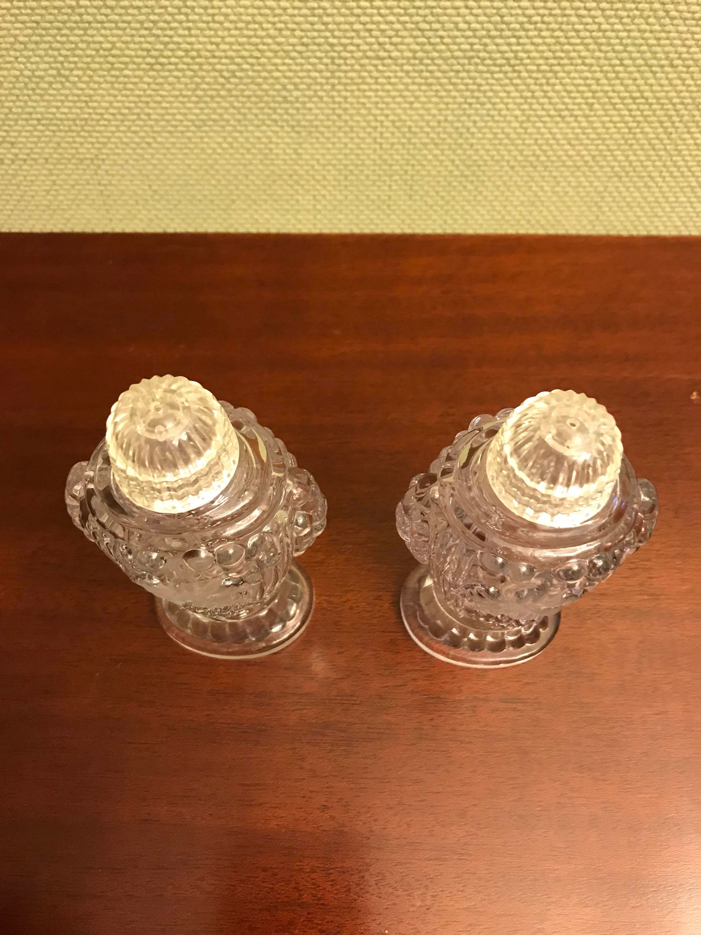 Vintage pressed Glass Salt and Pepper Shakers, frosted grape leaf