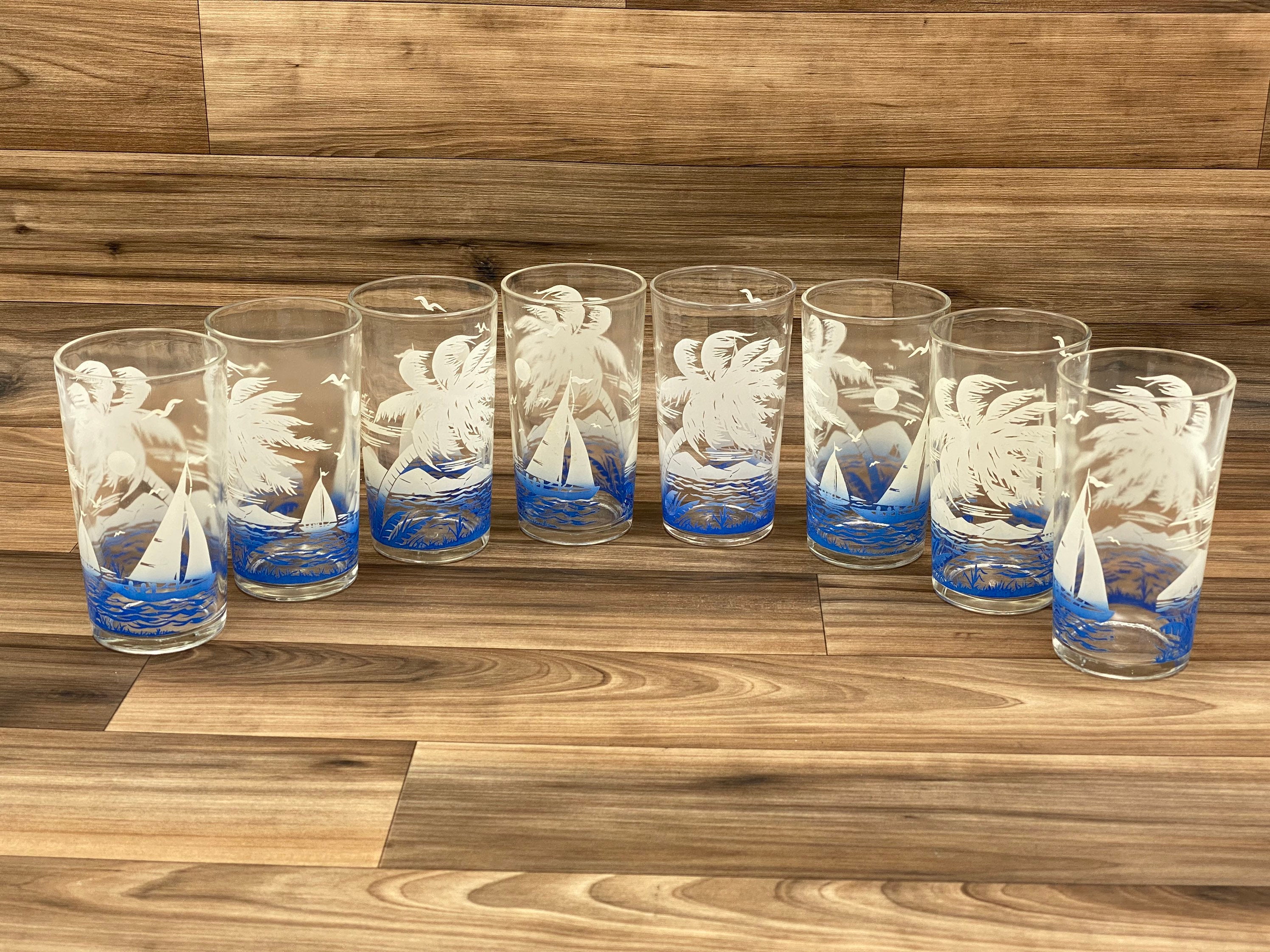 Mid Century Sailboat Glasses, Federal Glass Nautical Beach Decor, Gift