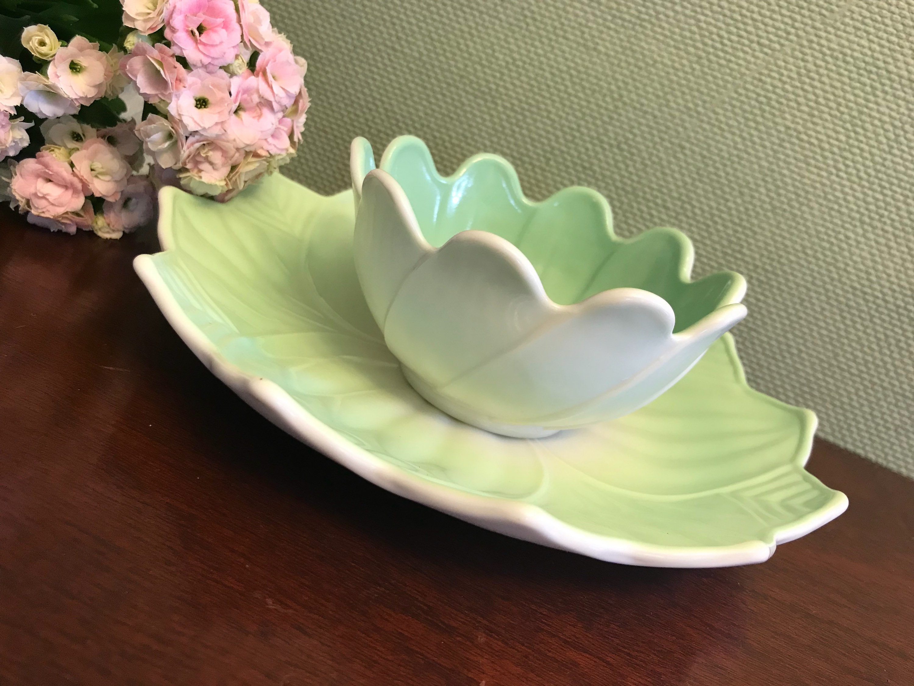 Vintage Lotus Plate and bowl set, Pastel Anchor Hocking dishes, Milk