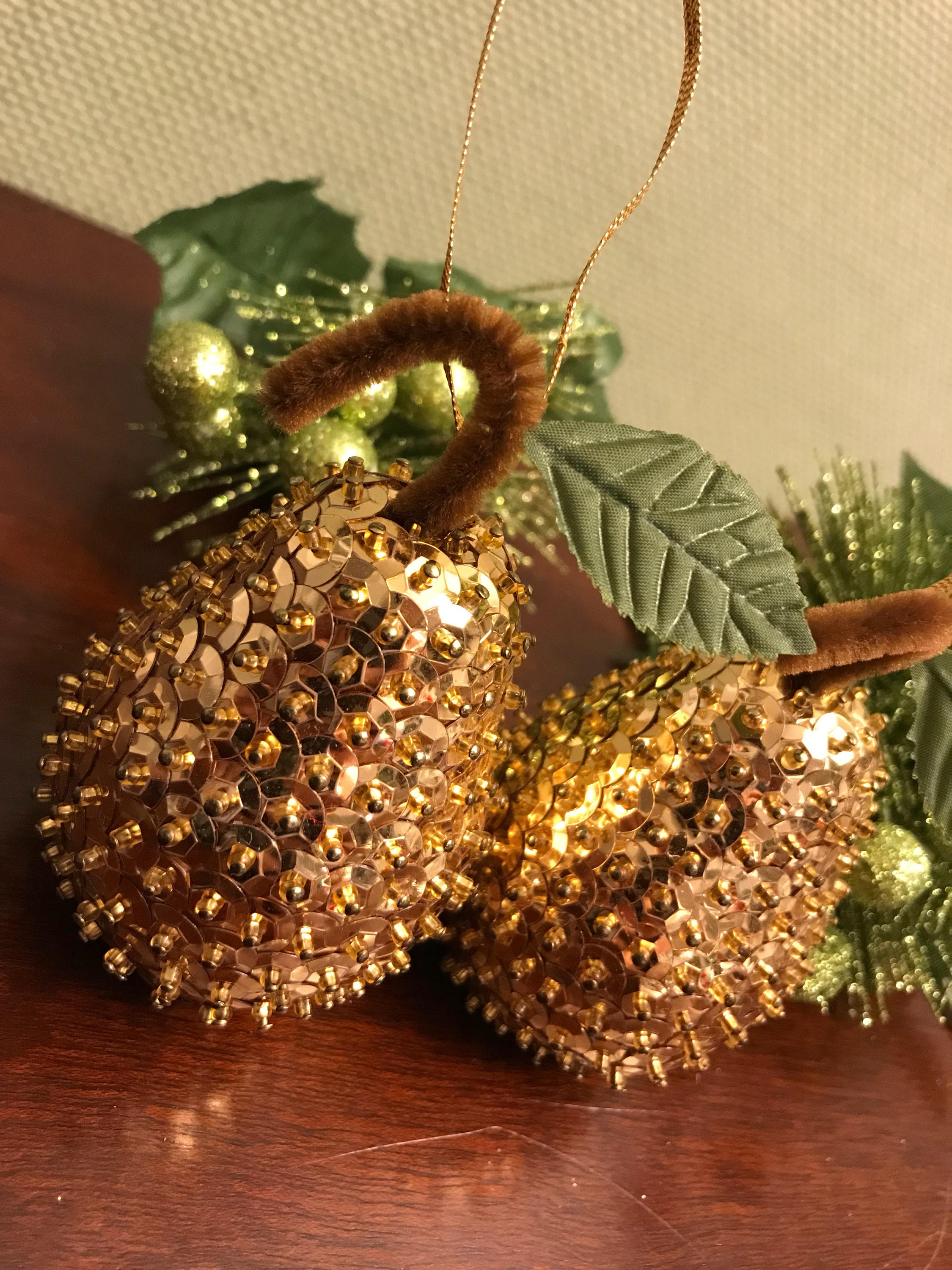 Vintage Gold Pears, Beaded Sequined Christmas Ornaments, golden Baubles