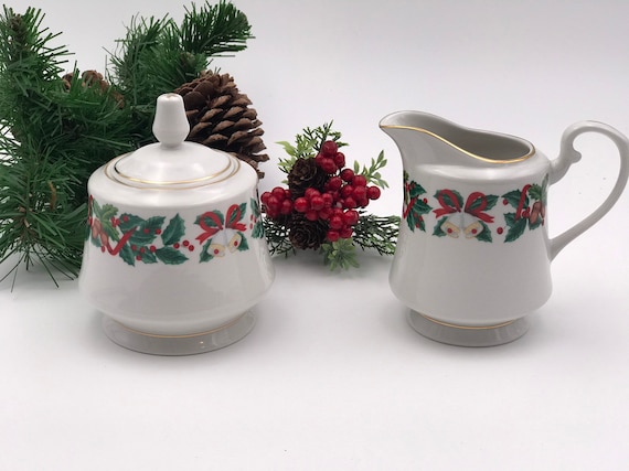 Vintage Christmas China Cream and sugar set, Royal Majestic Holiday Cheer pattern Gold trim, Holiday Tea party