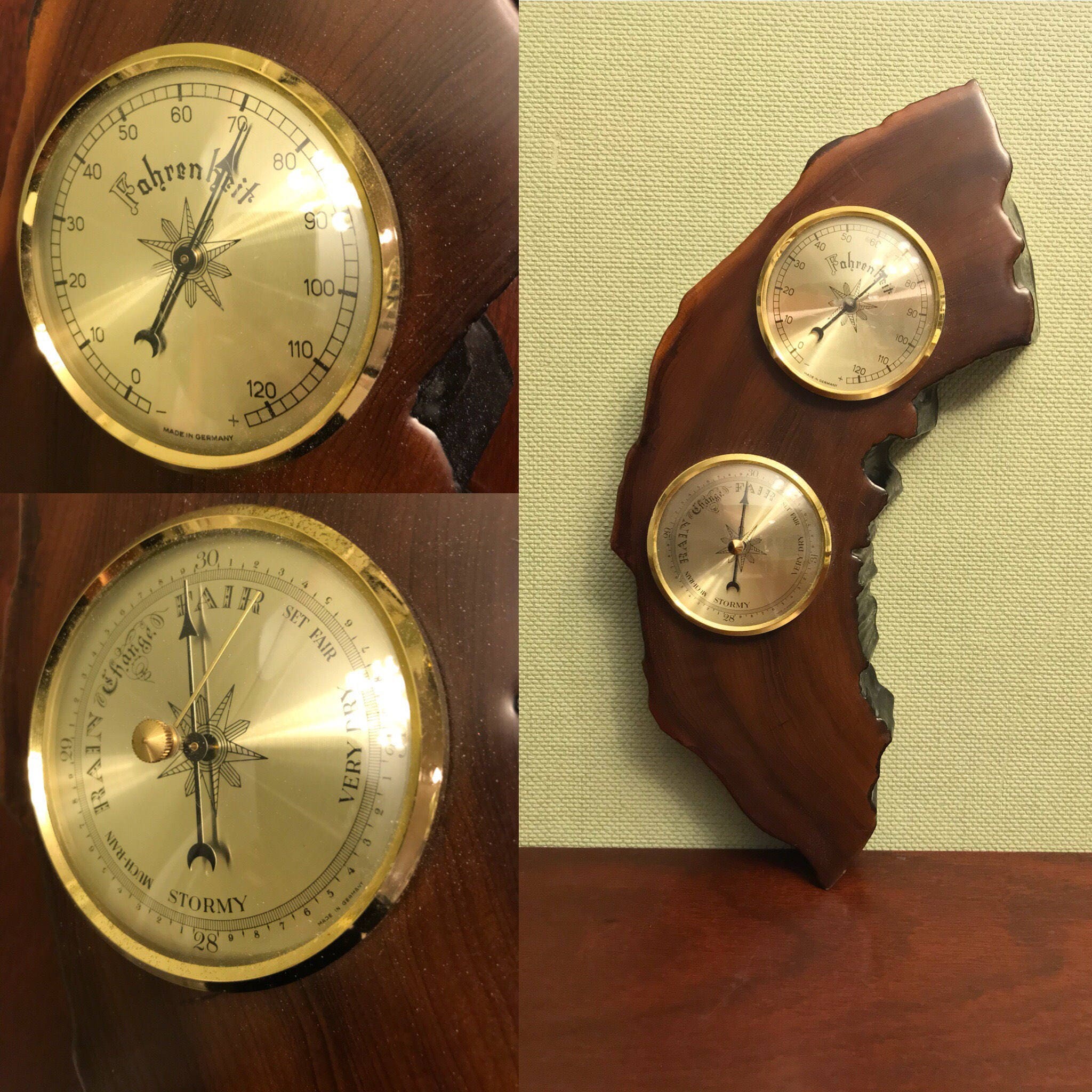 Vintage Weather Station, Handcrafted Wood Setting, collectible Weather